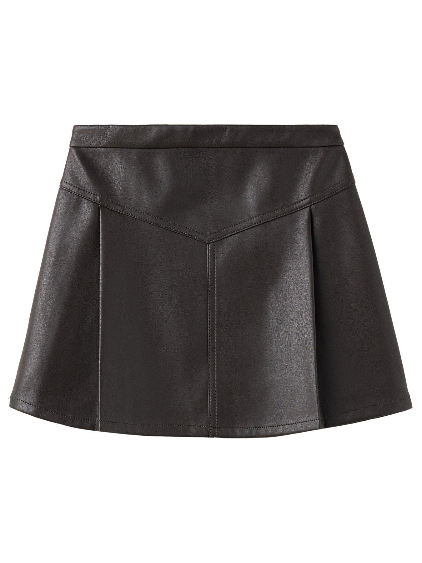 Image 1 of 4 of Mango Girls Faux Leather Pleated Skirt - Brown