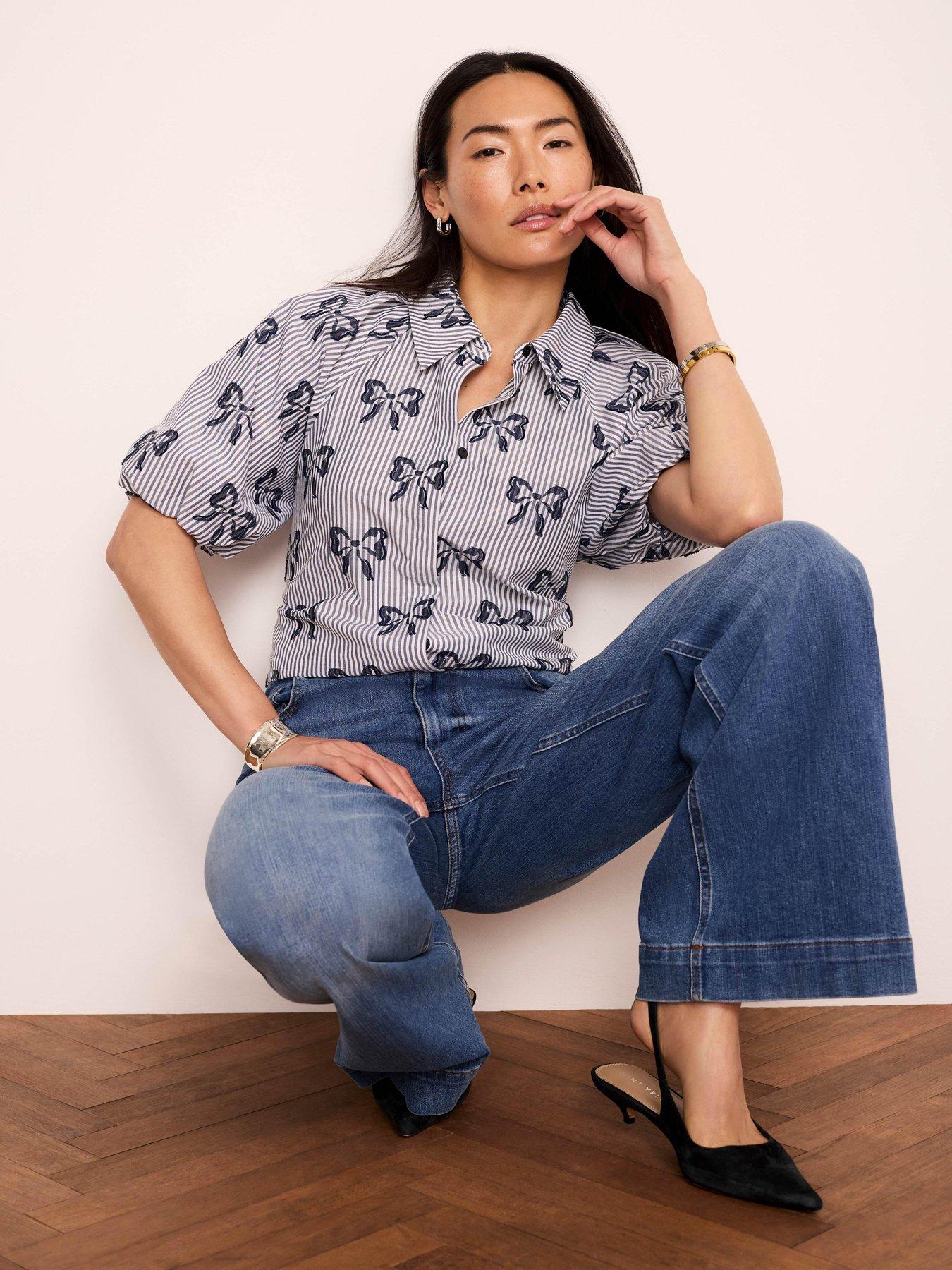 Mint Velvet Cotton Blend Striped Bow Shirt - Blue