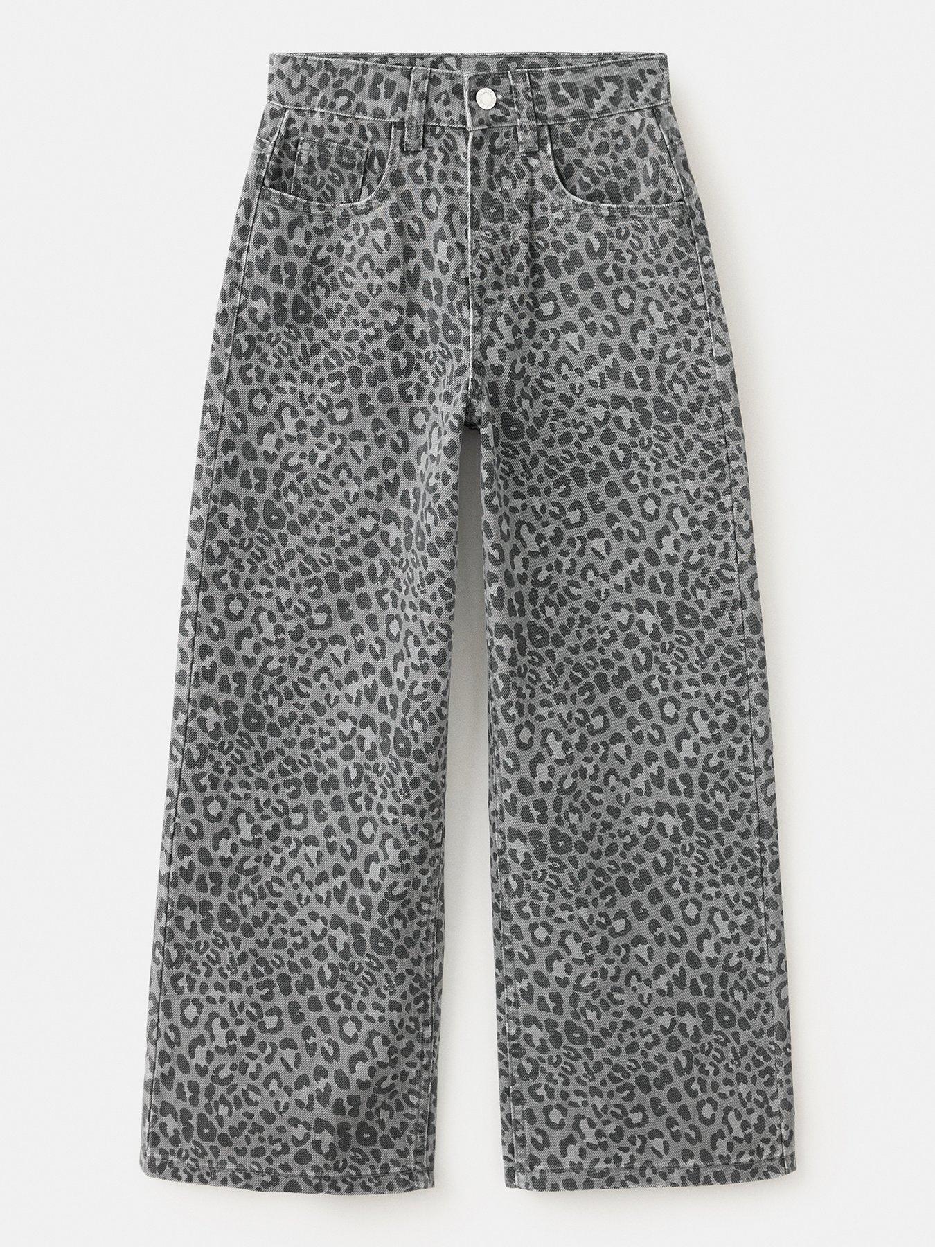 Mango Girls Leopard Print Wide Leg Jeans - Dark Grey