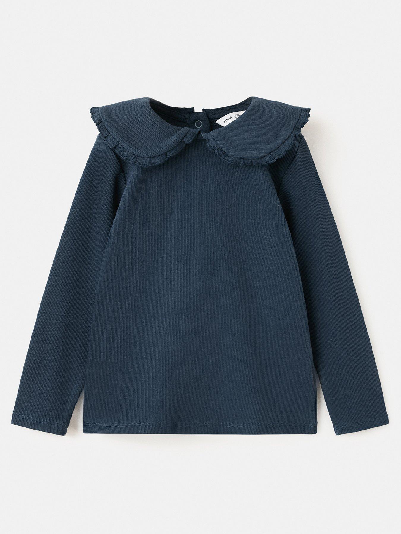 Mango Younger Girls Frill Collar Long Sleeve Tshirt - Navy