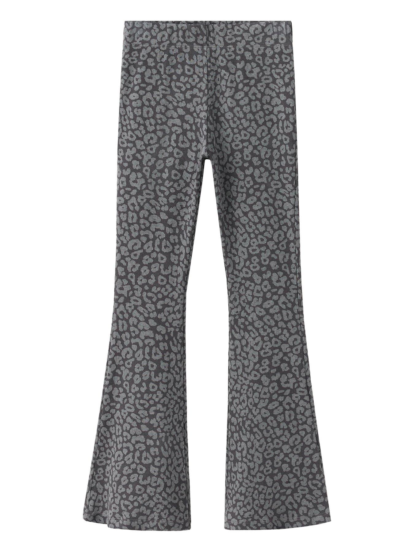 Image 1 of 4 of Mango Girls Leopard Print Flared Leggings - Dark Grey