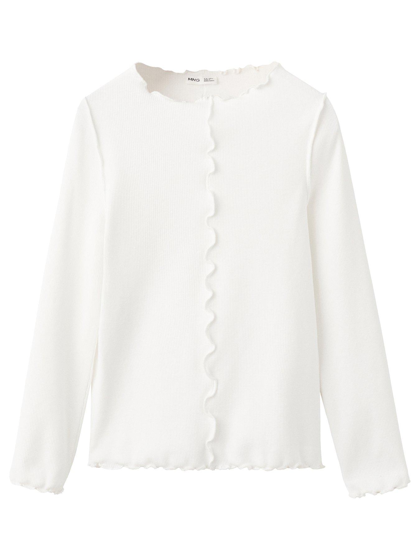 Mango Girls Ribbed Lettuce Hem Long Sleeve T-Shirt - Light Cream