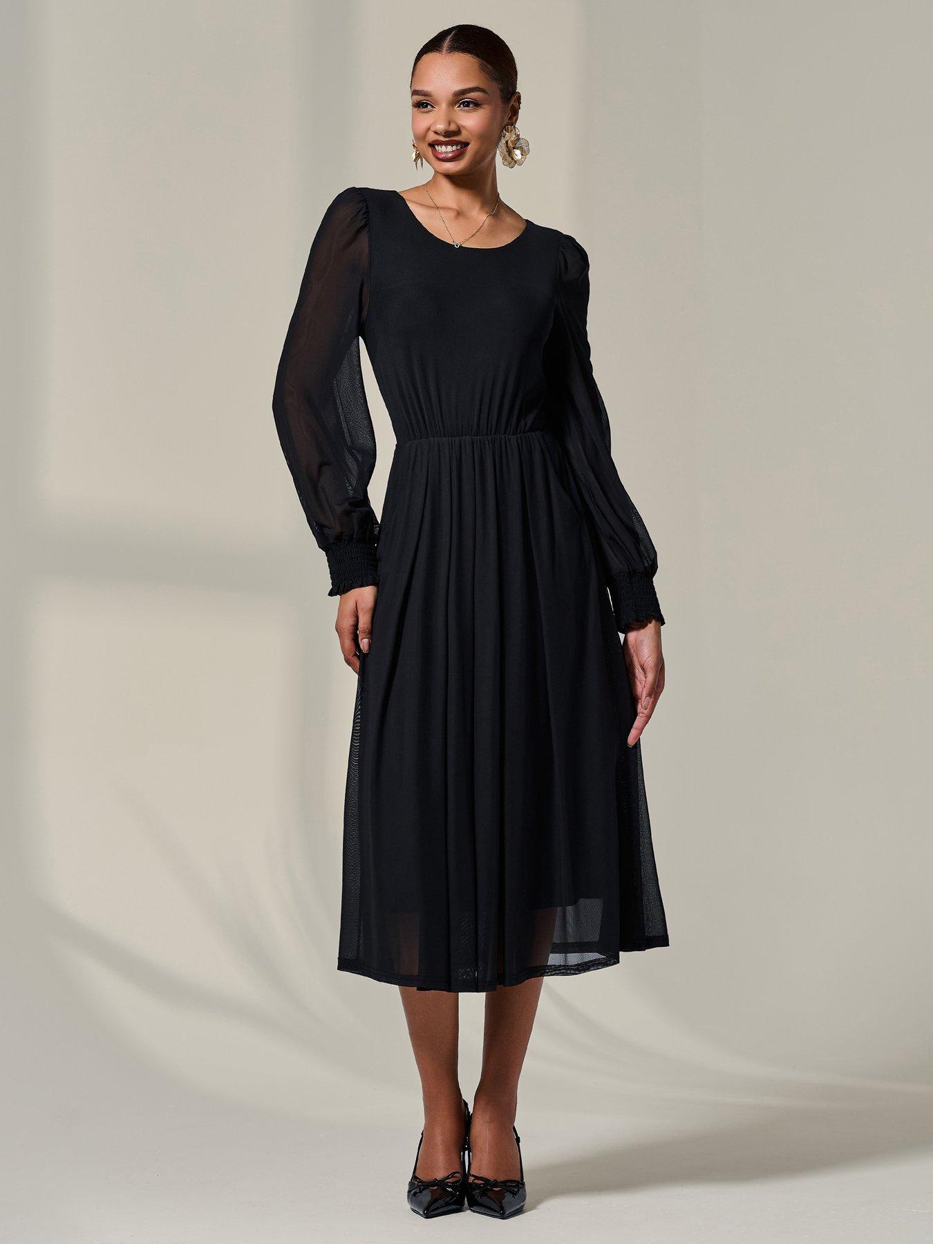 Jolie Moi Long Sleeve Mesh Midi Dress - Black