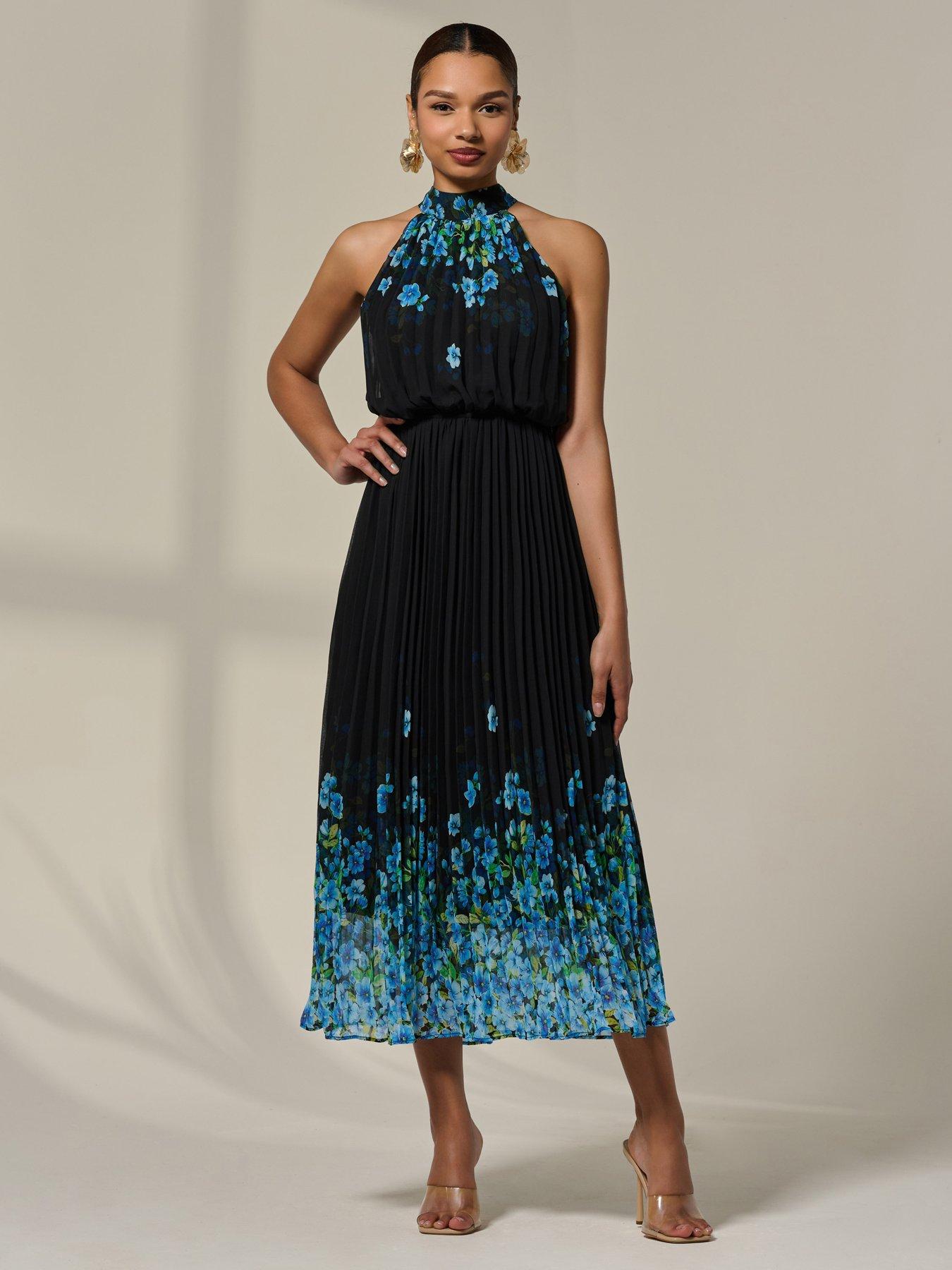 Jolie Moi Pleated Halterneck Maxi Dress - Blue
