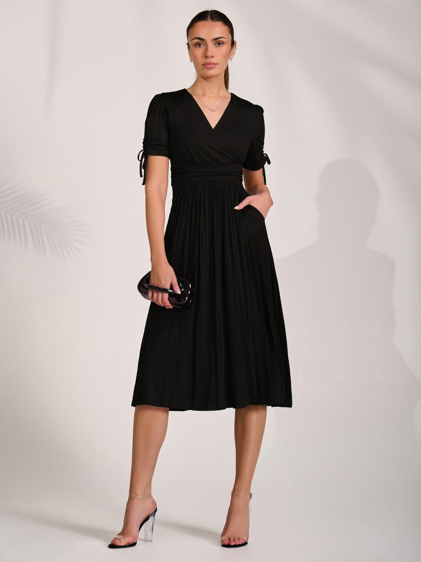 Jolie Moi Jersey Tie Sleeve Wrap Front Midi Dress - Black