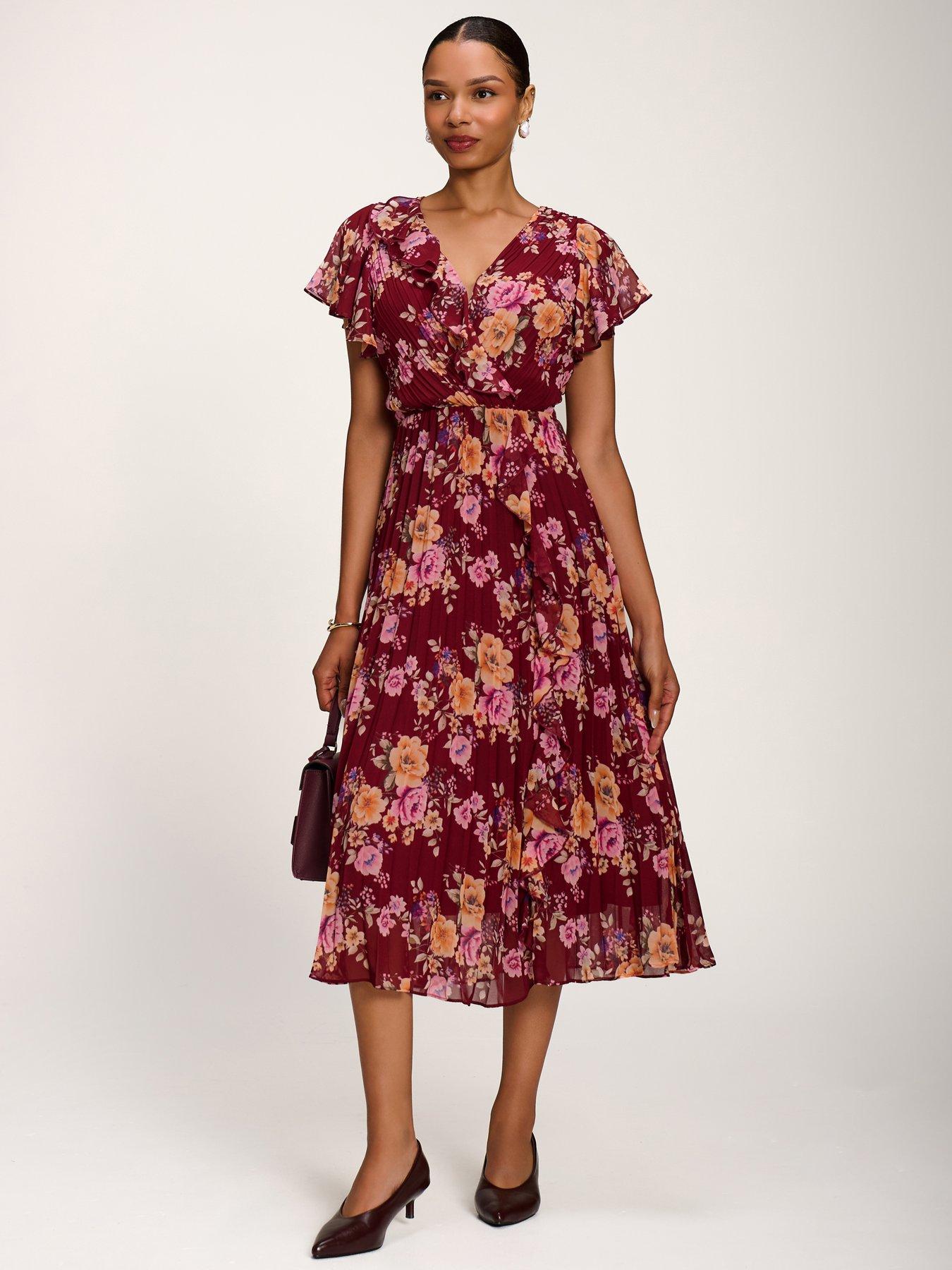Jolie Moi Printed Ruffle Detail Pleated Chiffon Midi Dress - Pink