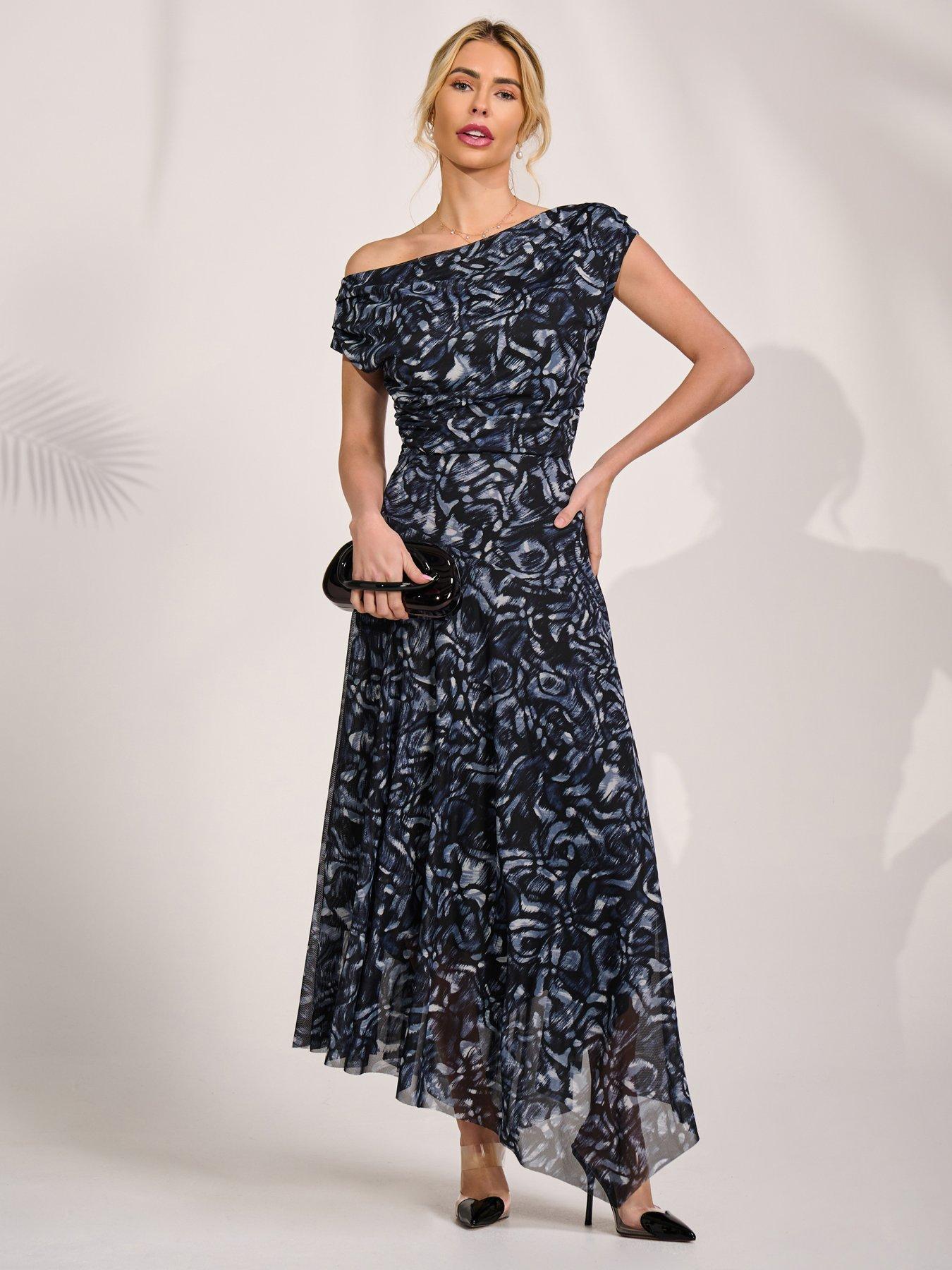 Jolie Moi Mesh Asymmetrical Draped Maxi Dress - Black
