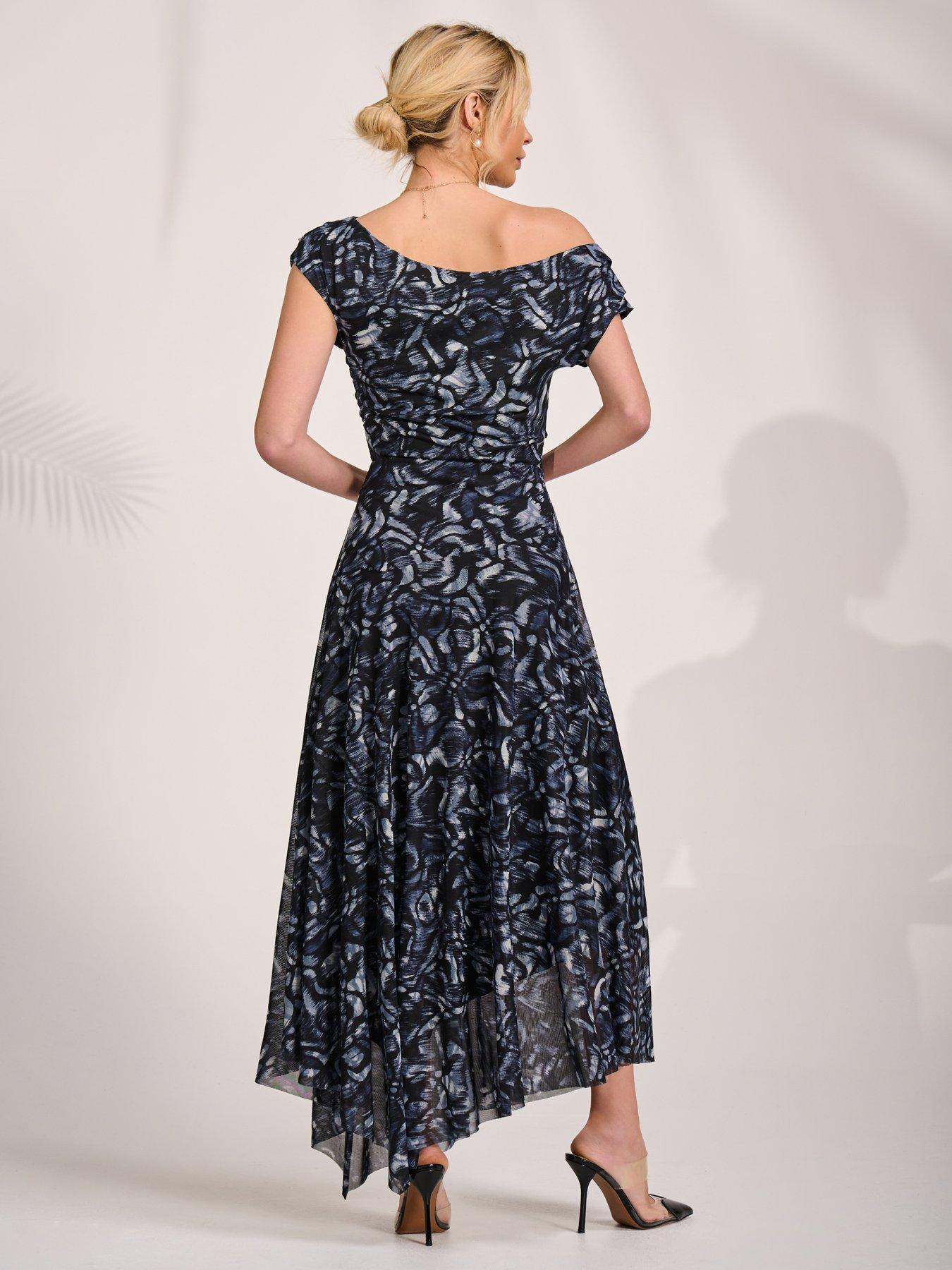 Image 2 of 7 of Jolie Moi Mesh Asymmetrical Draped Maxi Dress - Black