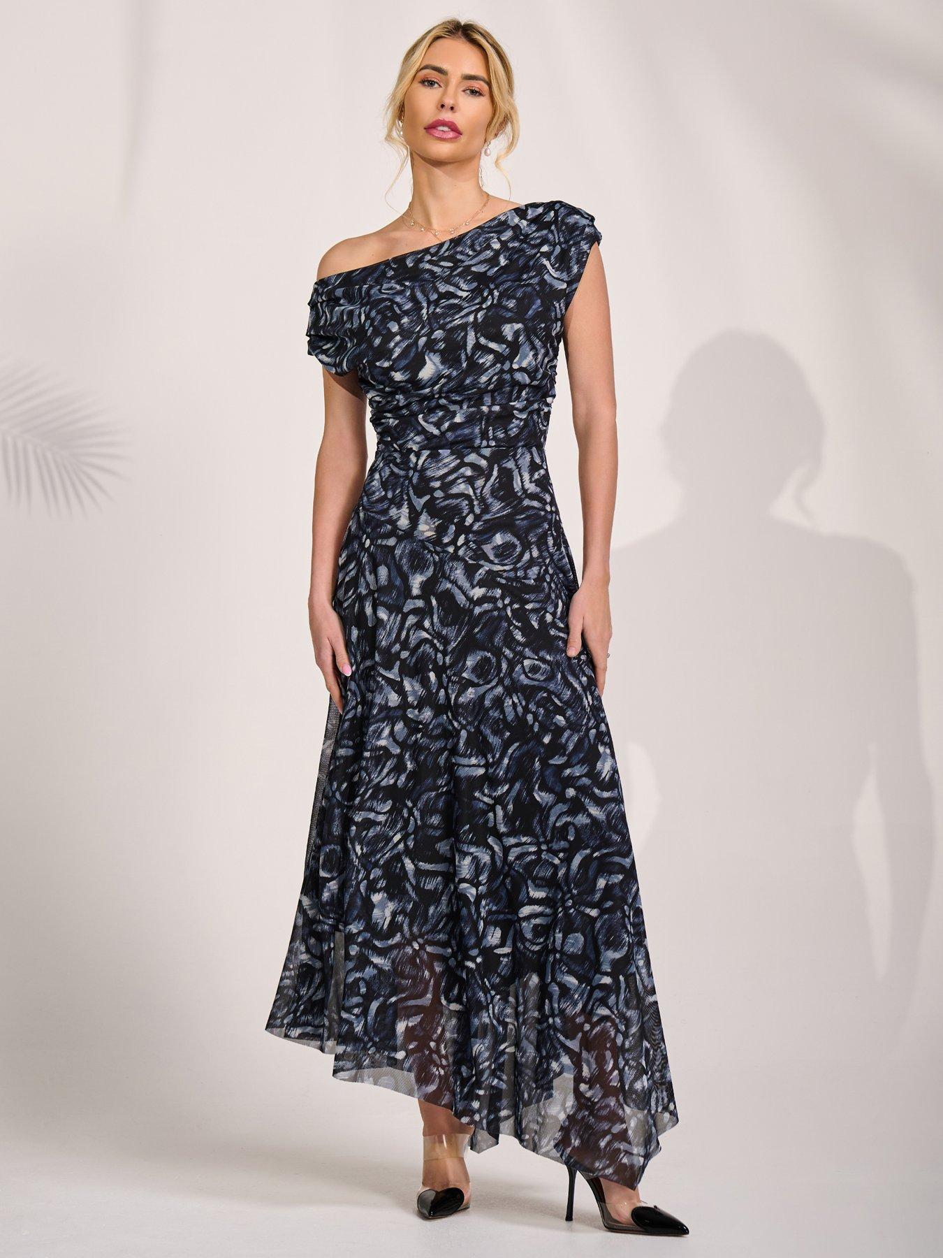 Image 3 of 7 of Jolie Moi Mesh Asymmetrical Draped Maxi Dress - Black
