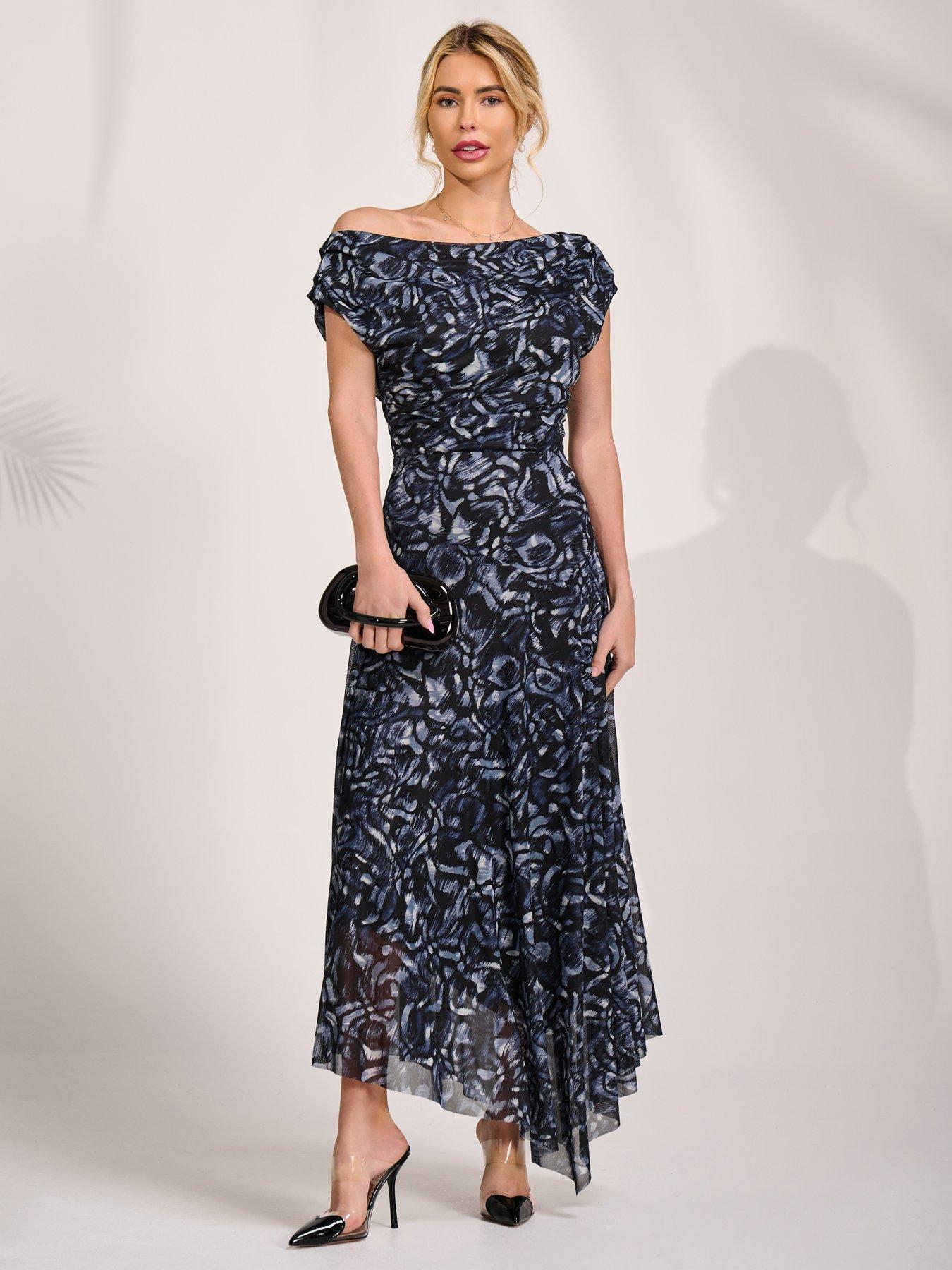 Image 5 of 7 of Jolie Moi Mesh Asymmetrical Draped Maxi Dress - Black