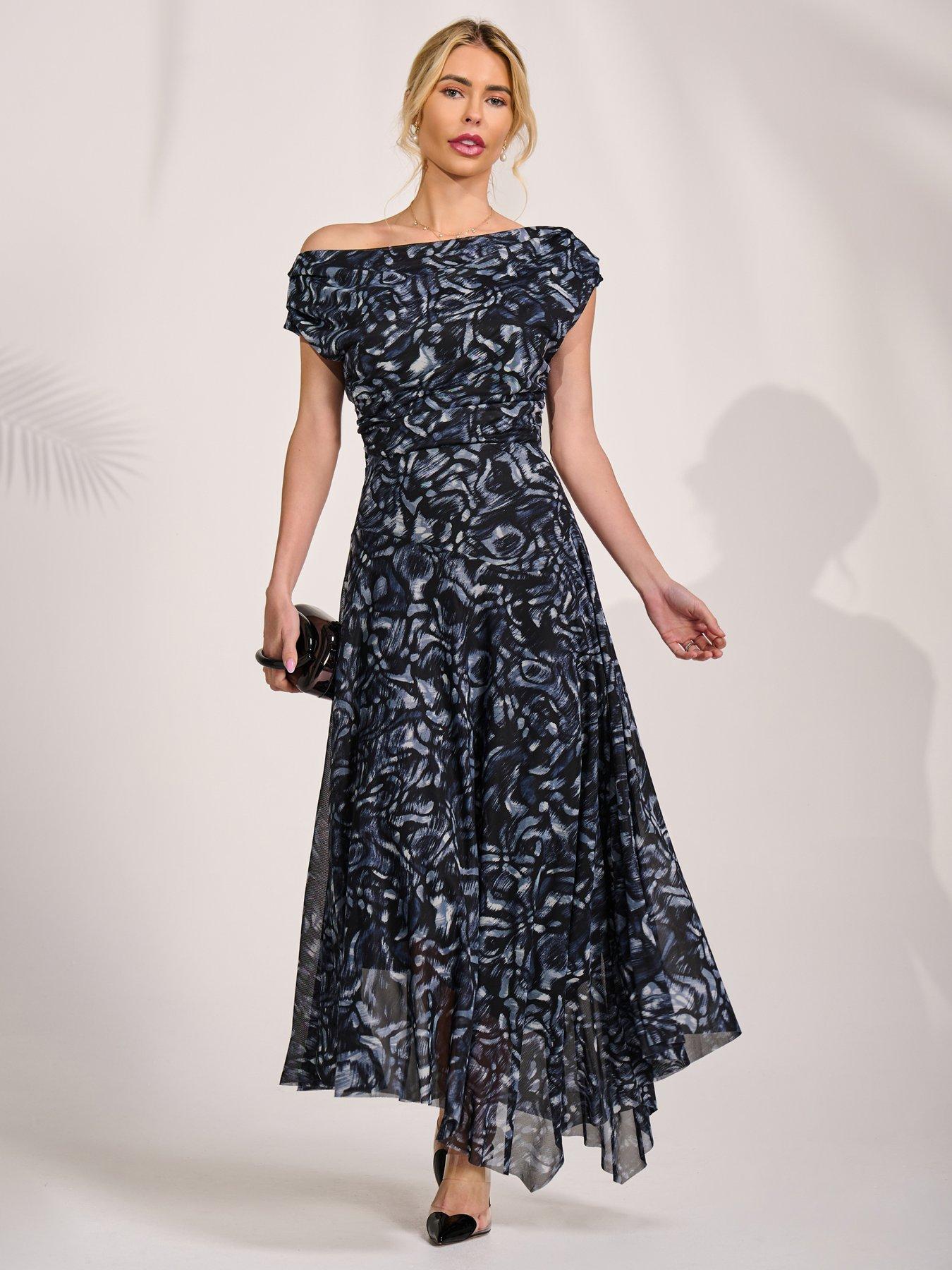 Image 6 of 7 of Jolie Moi Mesh Asymmetrical Draped Maxi Dress - Black