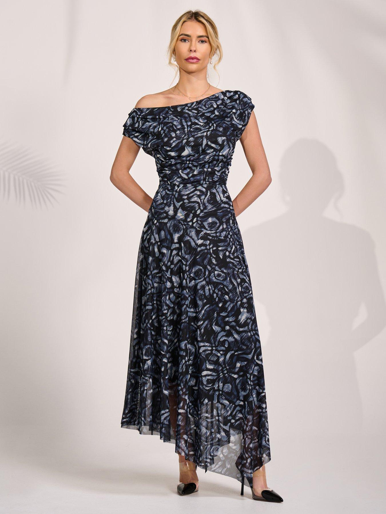 Image 7 of 7 of Jolie Moi Mesh Asymmetrical Draped Maxi Dress - Black