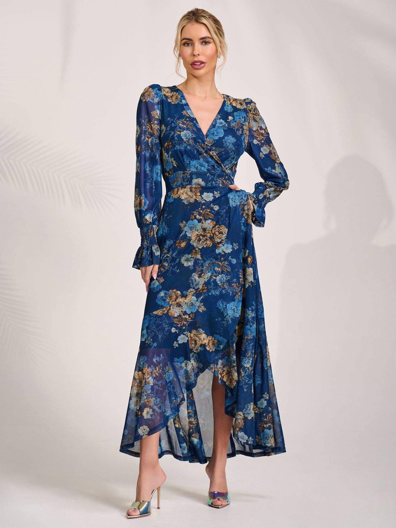 Jolie Moi Long Sleeve Frill Hem Mesh Maxi Dress - Navy