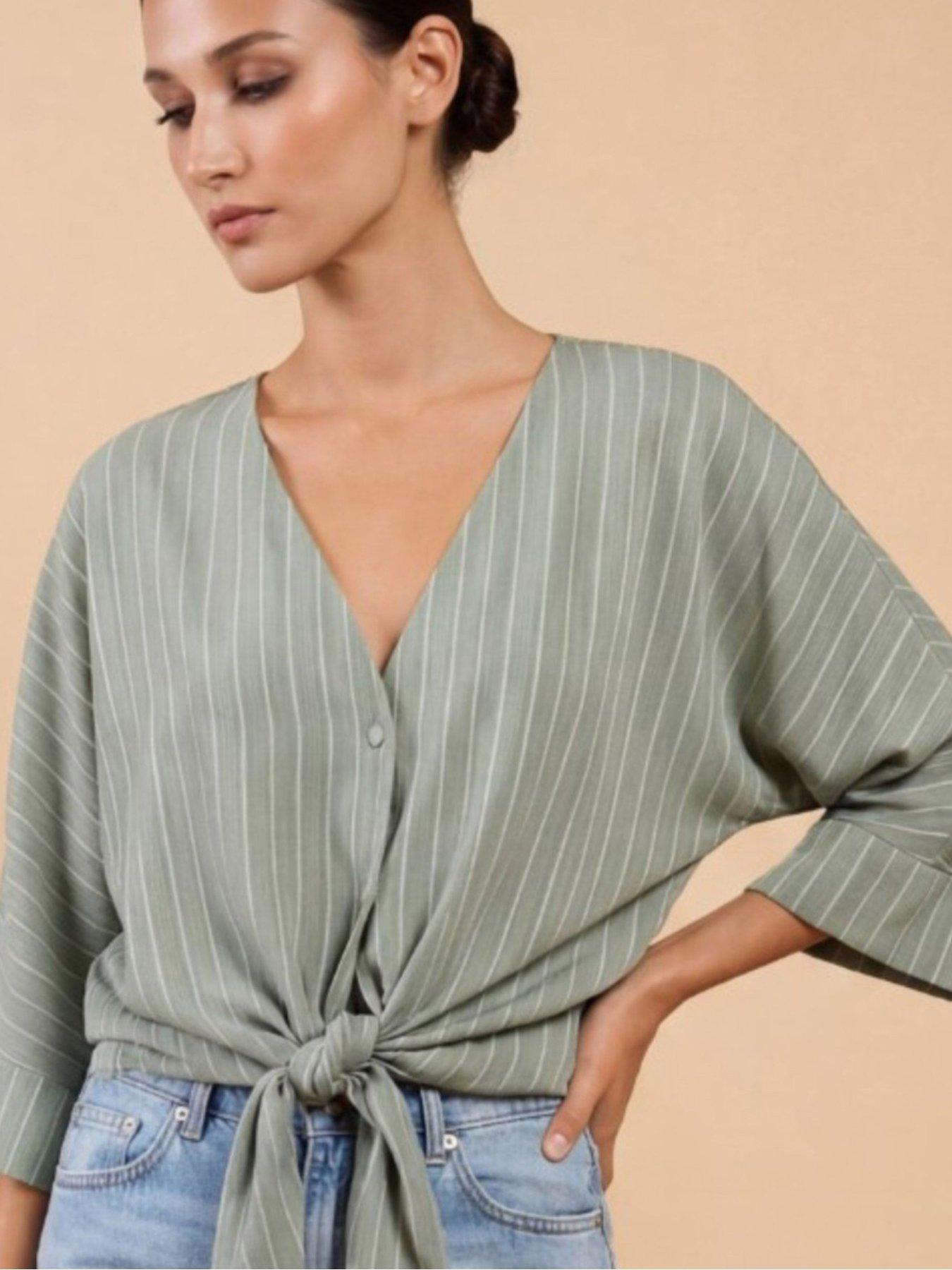 Little Mistress Green Stripe Tie-Knot Top with V-Neck