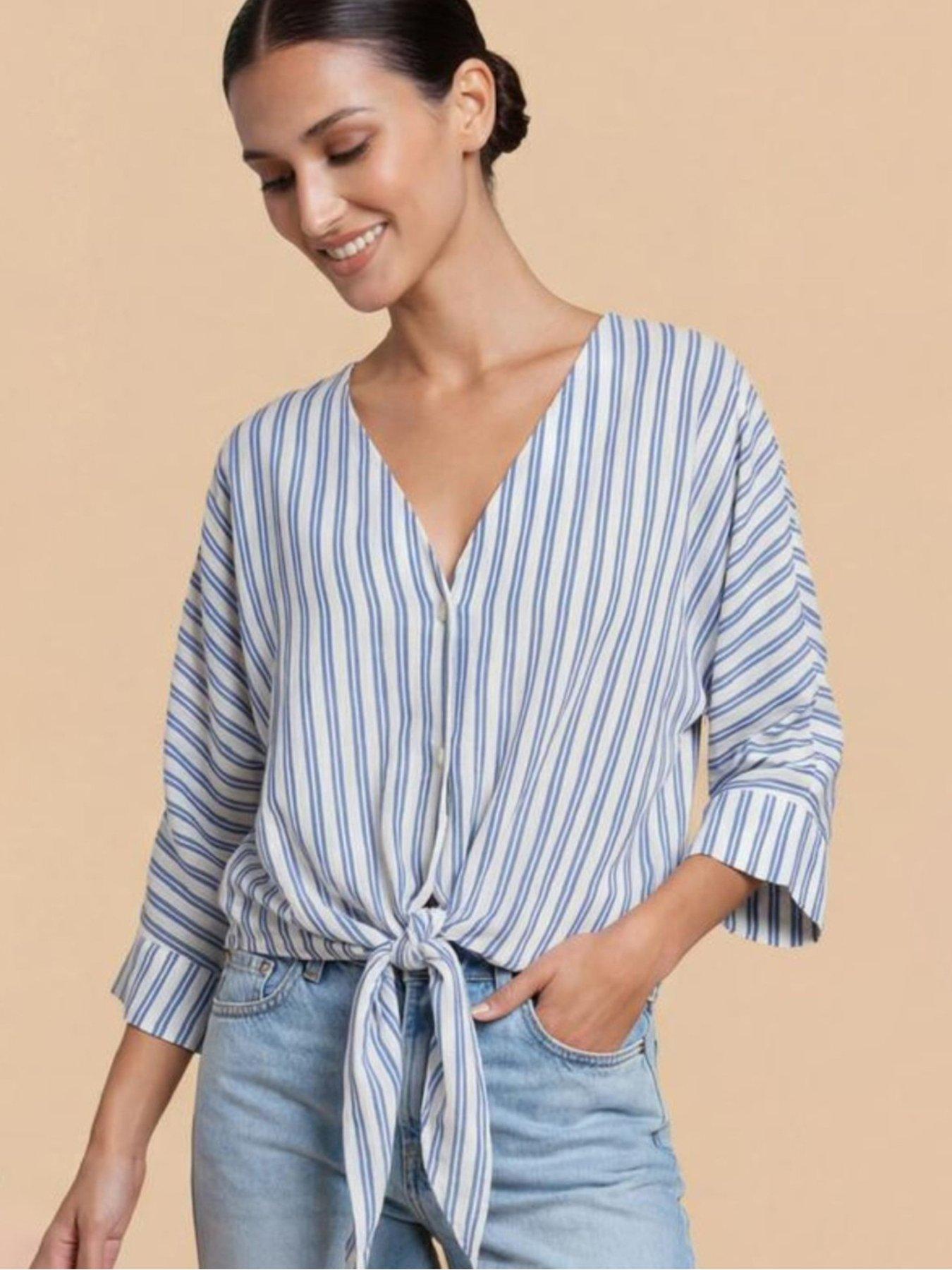 Little Mistress Blue Stripe Tie-Knot Top with V-Neck