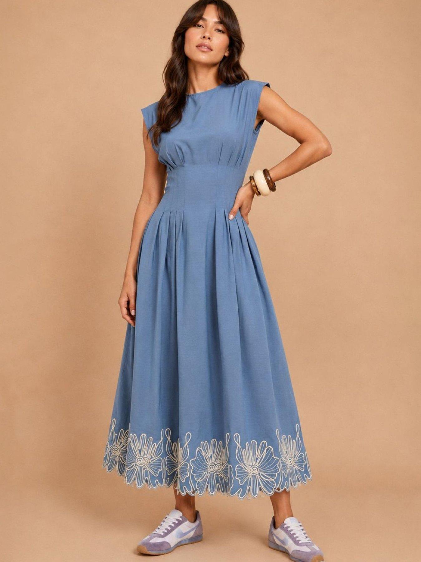 Little Mistress Blue Sleeveless Embroidered Midi Dress