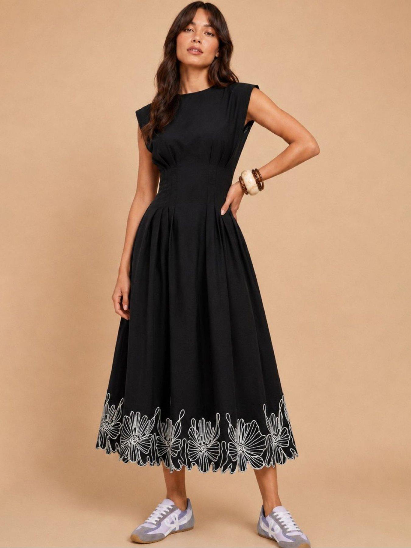 Little Mistress Black Sleeveless Embroidered Midi Dress