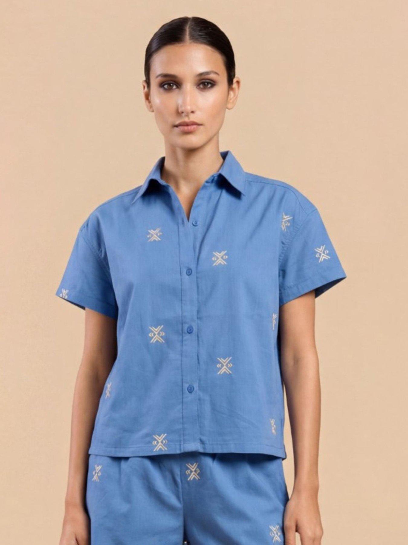 Little Mistress Blue Embroidered Cotton Linen Shirt