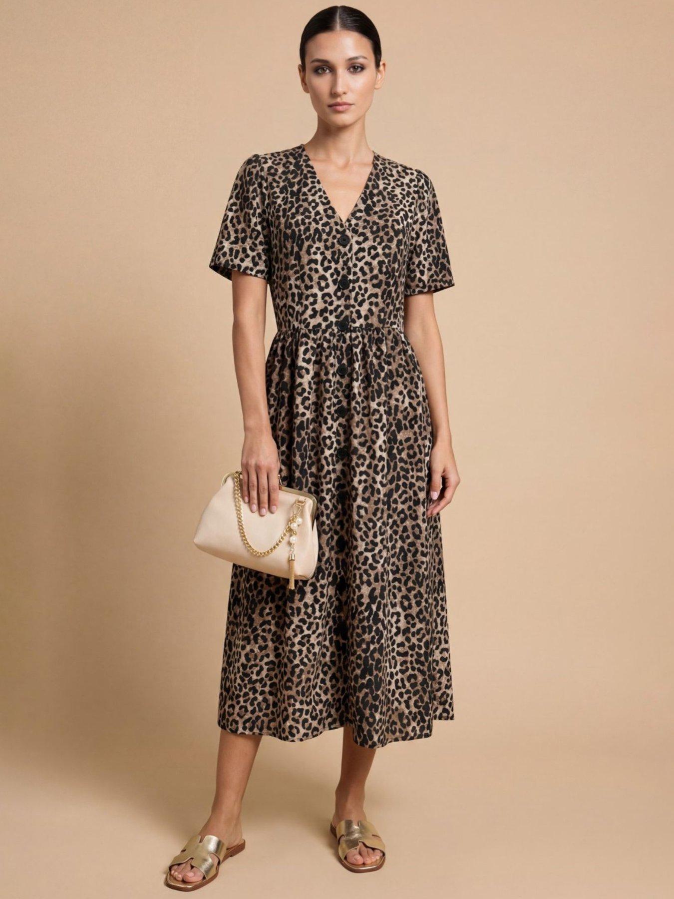 Image 1 of 3 of Little Mistress Animal Print Crepe Button-Down Midi Dress