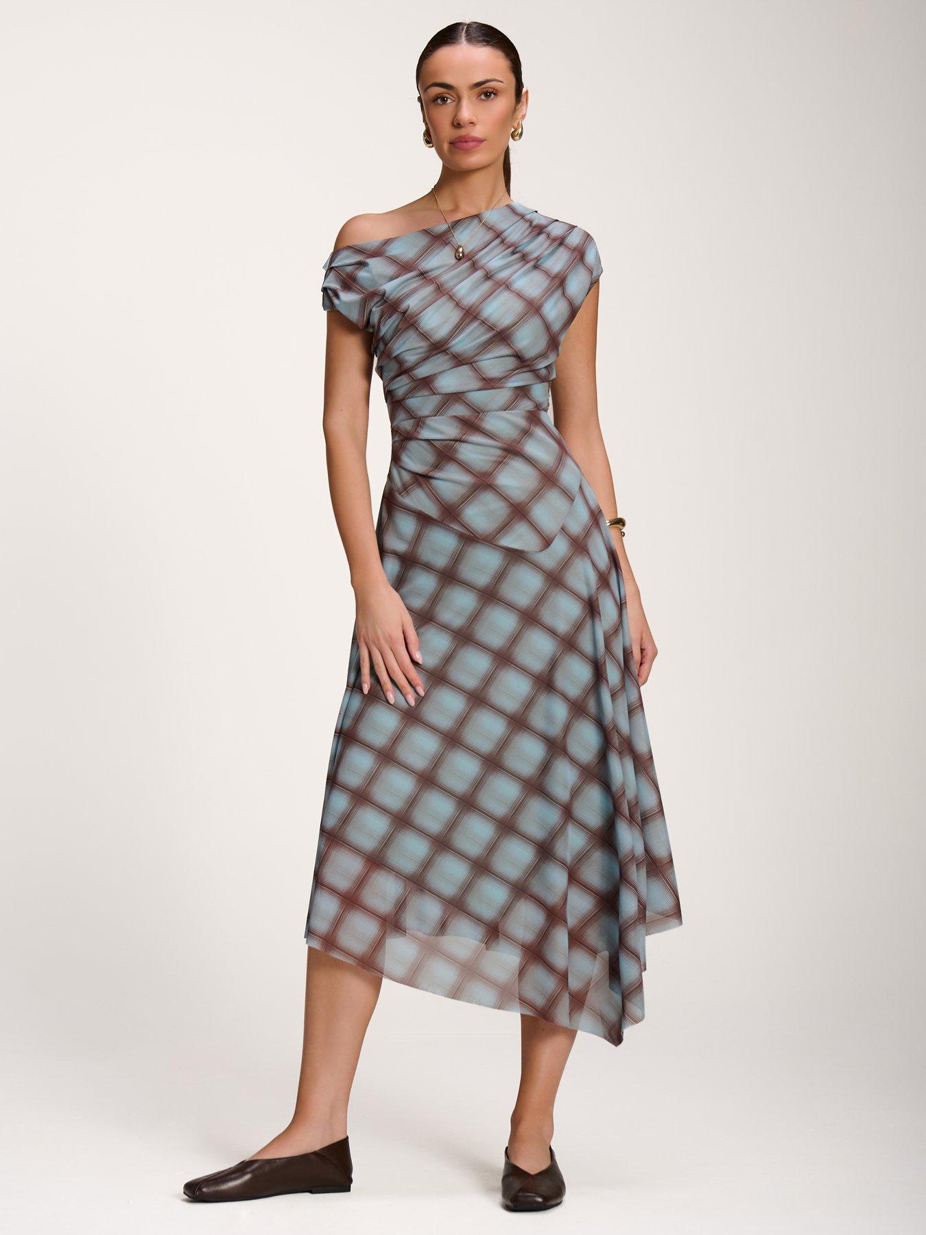 Jolie Moi Asymmetric Draped Mesh Dress - Blue