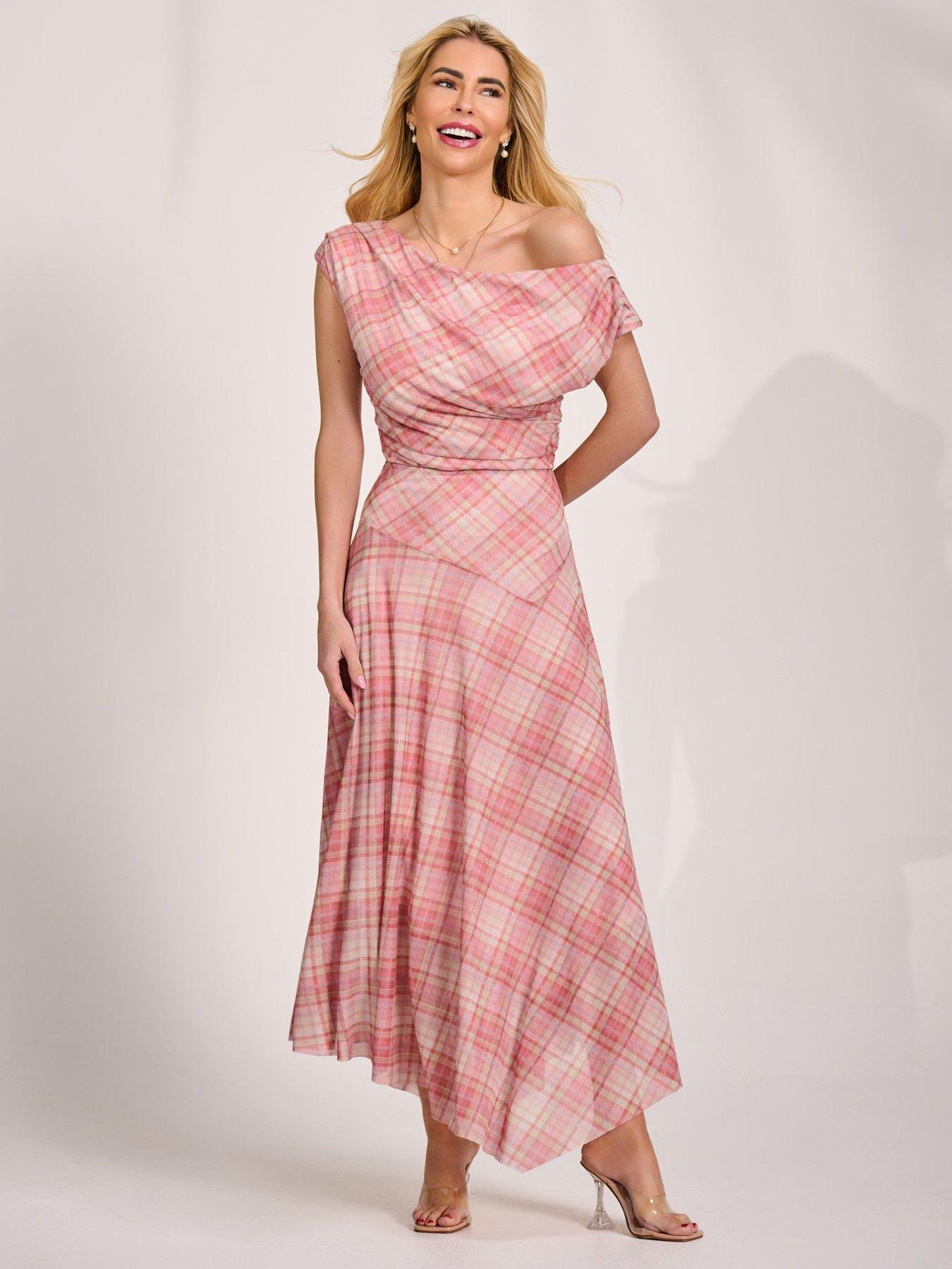 Jolie Moi Asymmetric Draped Mesh Maxi Dress - Pink