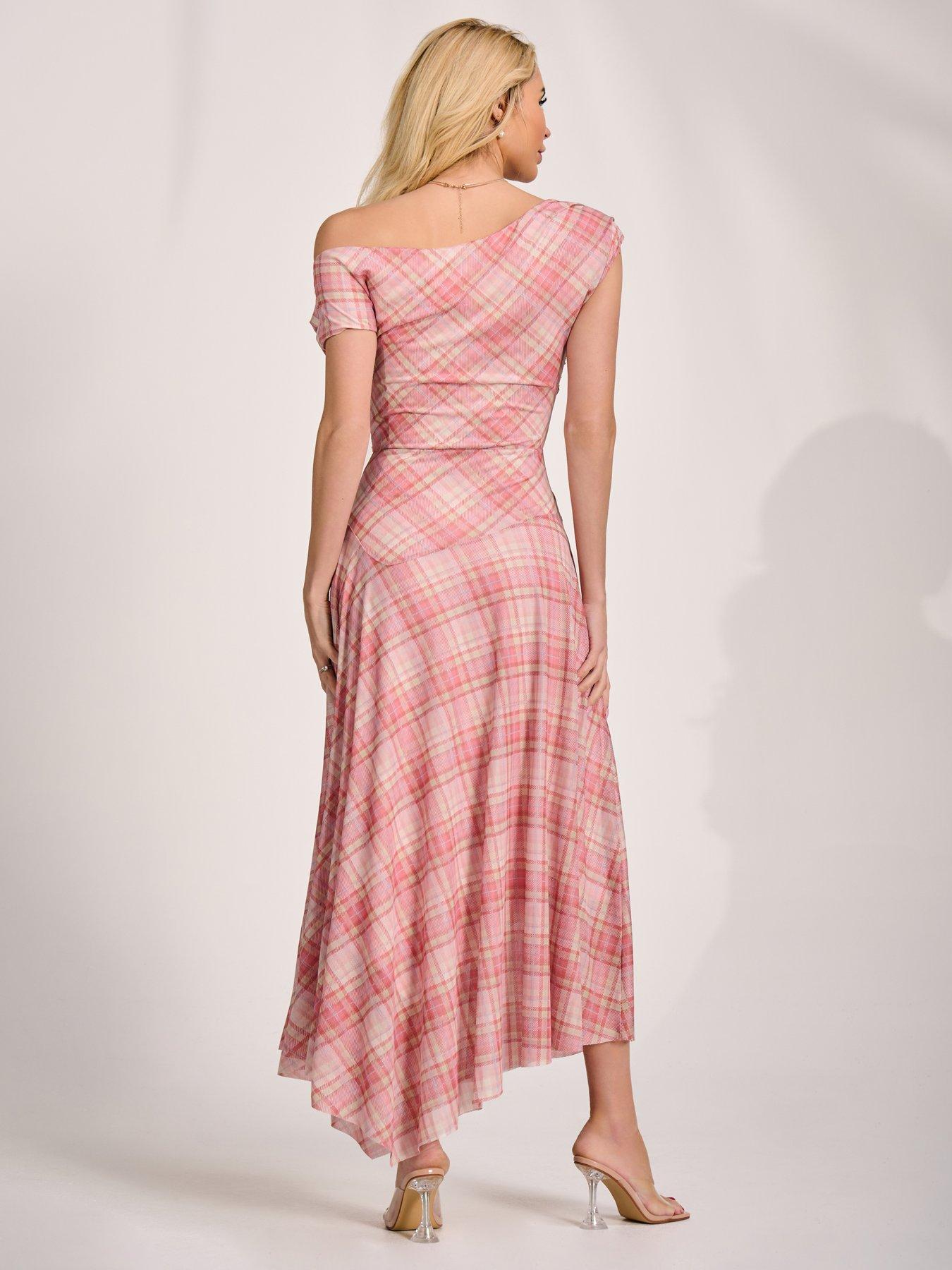 Image 2 of 7 of Jolie Moi Asymmetric Draped Mesh Maxi Dress - Pink