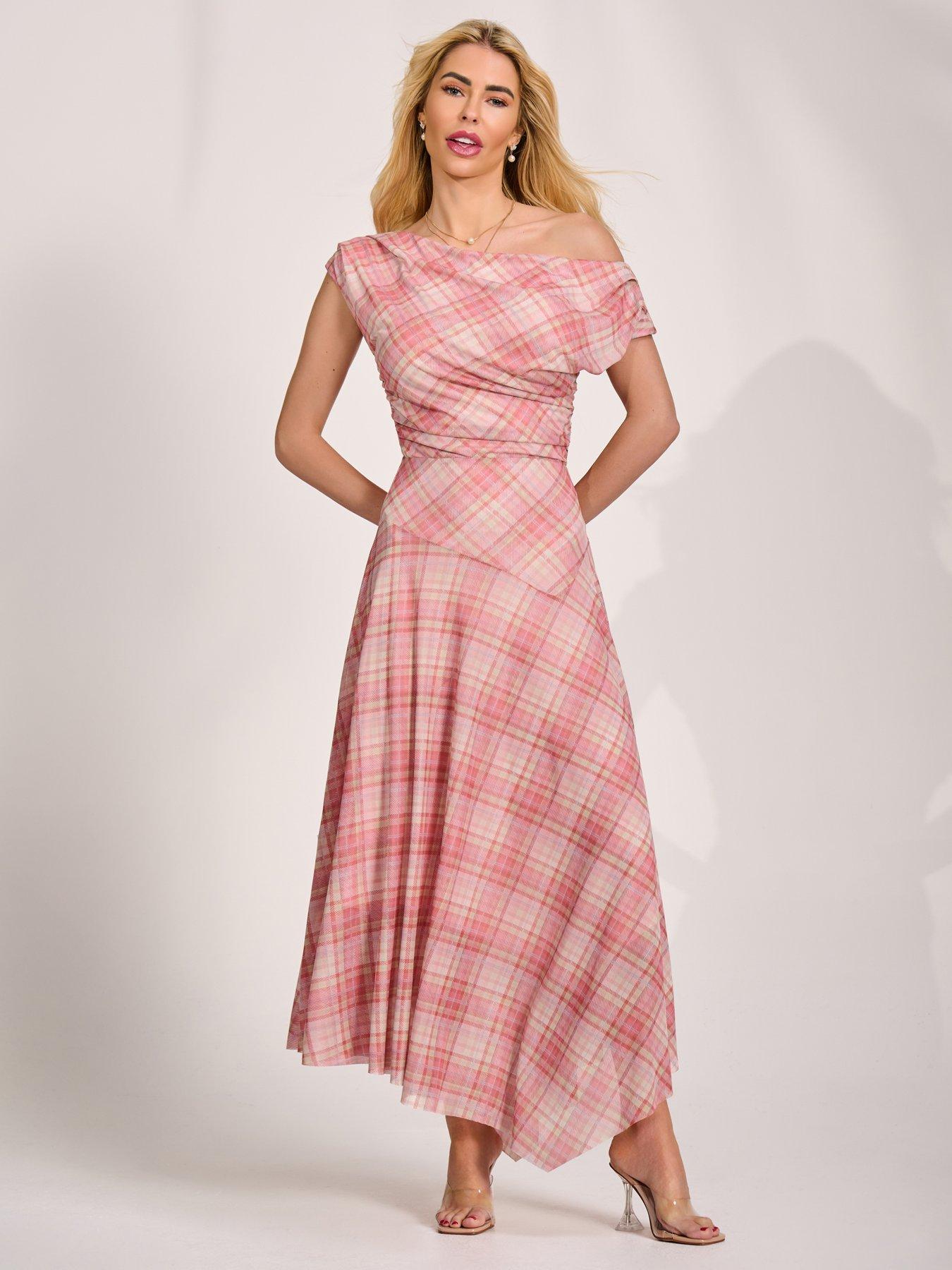 Image 3 of 7 of Jolie Moi Asymmetric Draped Mesh Maxi Dress - Pink