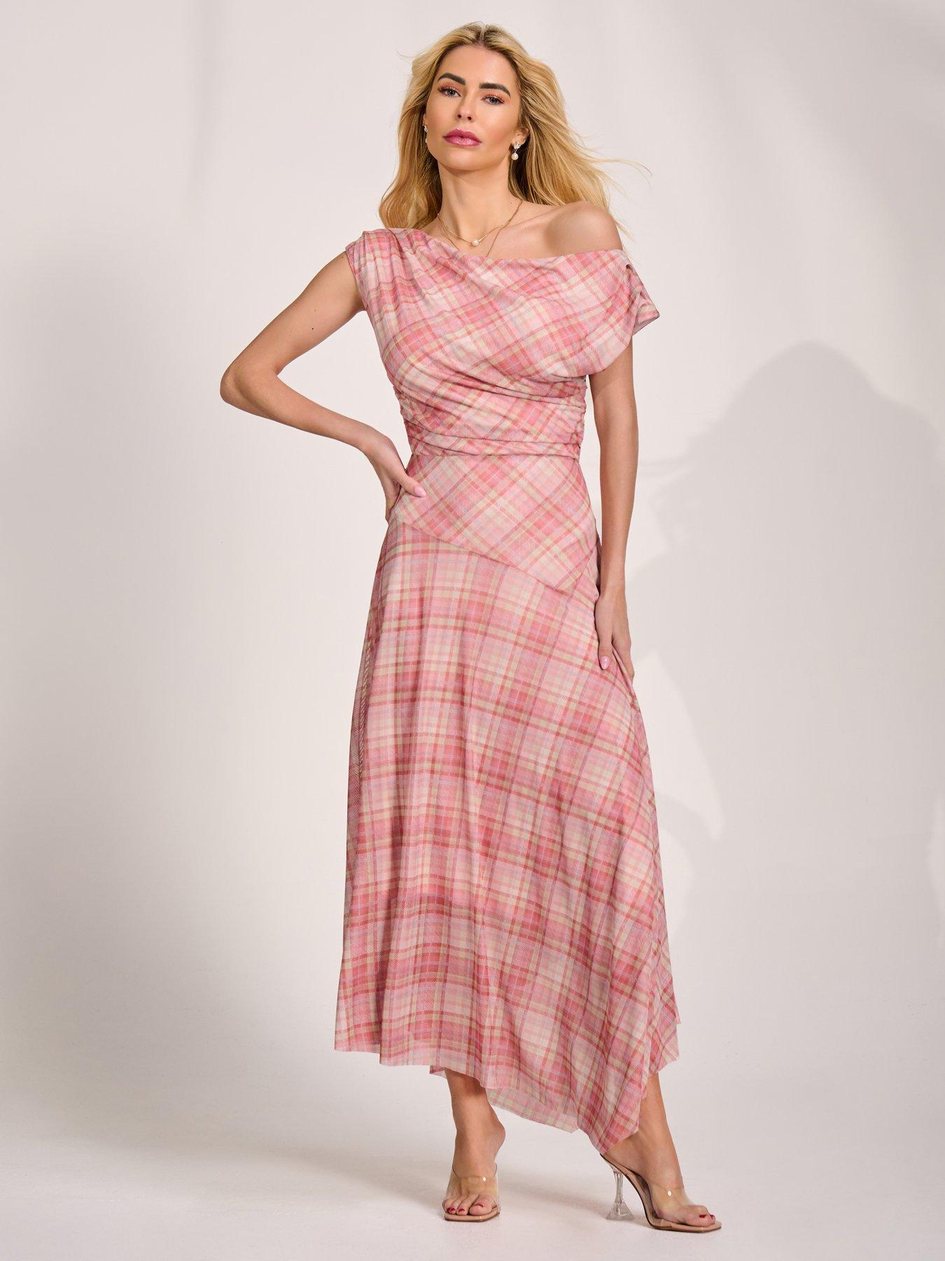Image 6 of 7 of Jolie Moi Asymmetric Draped Mesh Maxi Dress - Pink