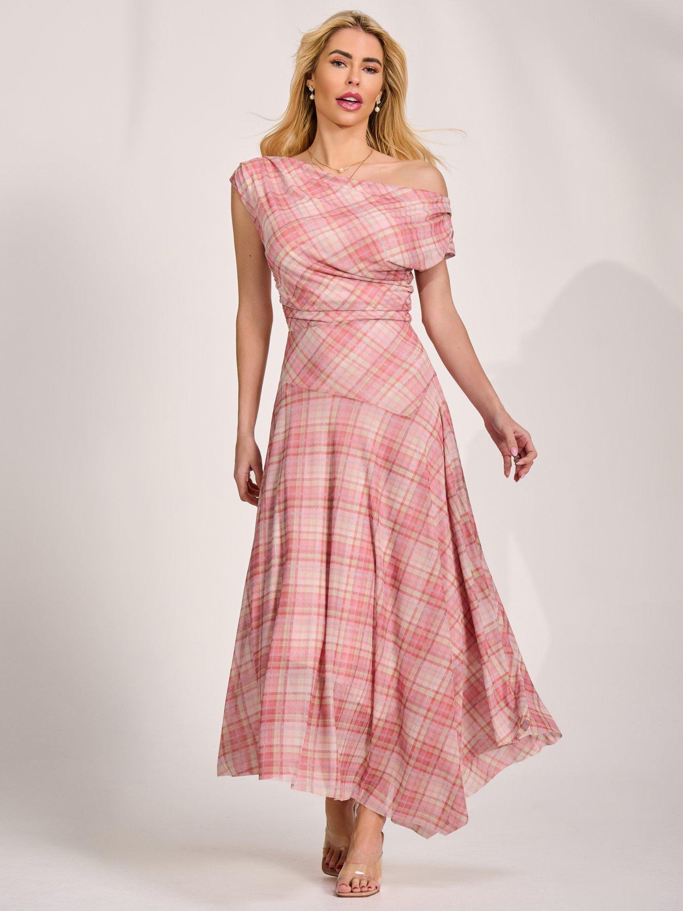 Image 7 of 7 of Jolie Moi Asymmetric Draped Mesh Maxi Dress - Pink