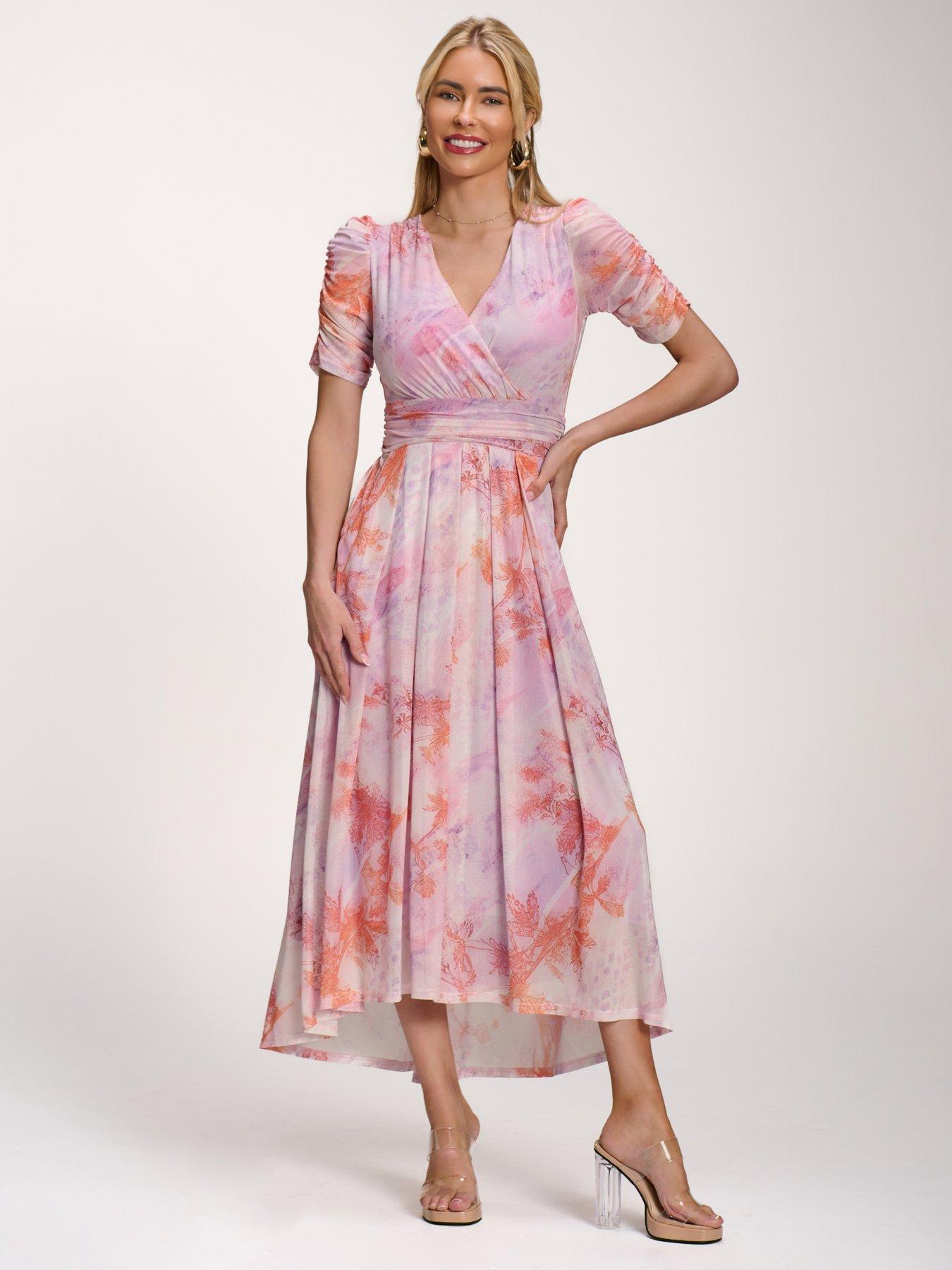 Jolie Moi Petite Mesh Print Dip Hem Maxi Dress - Purple