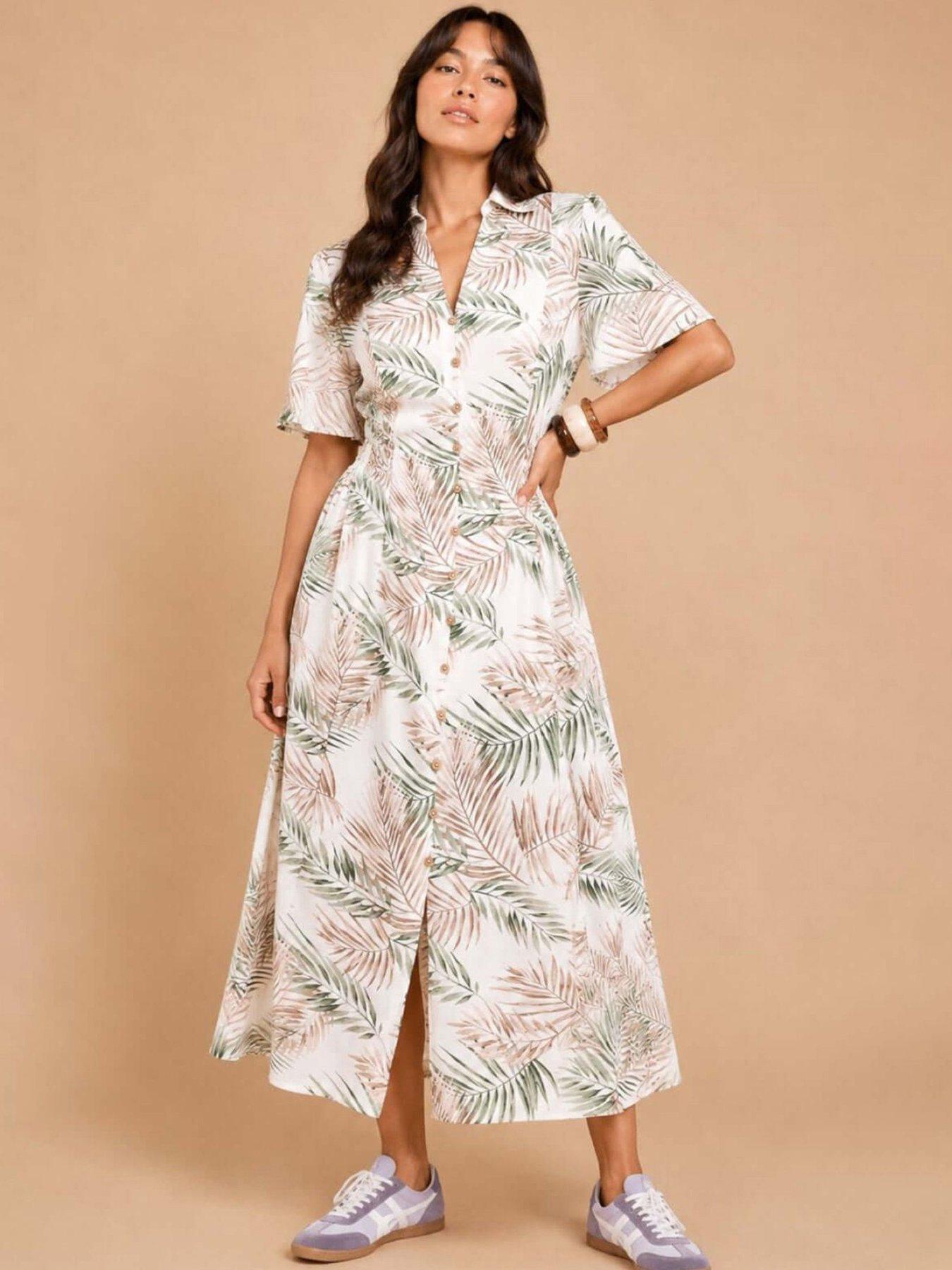 Little Mistress Palm Print Button-Down Shirt Midi Dress
