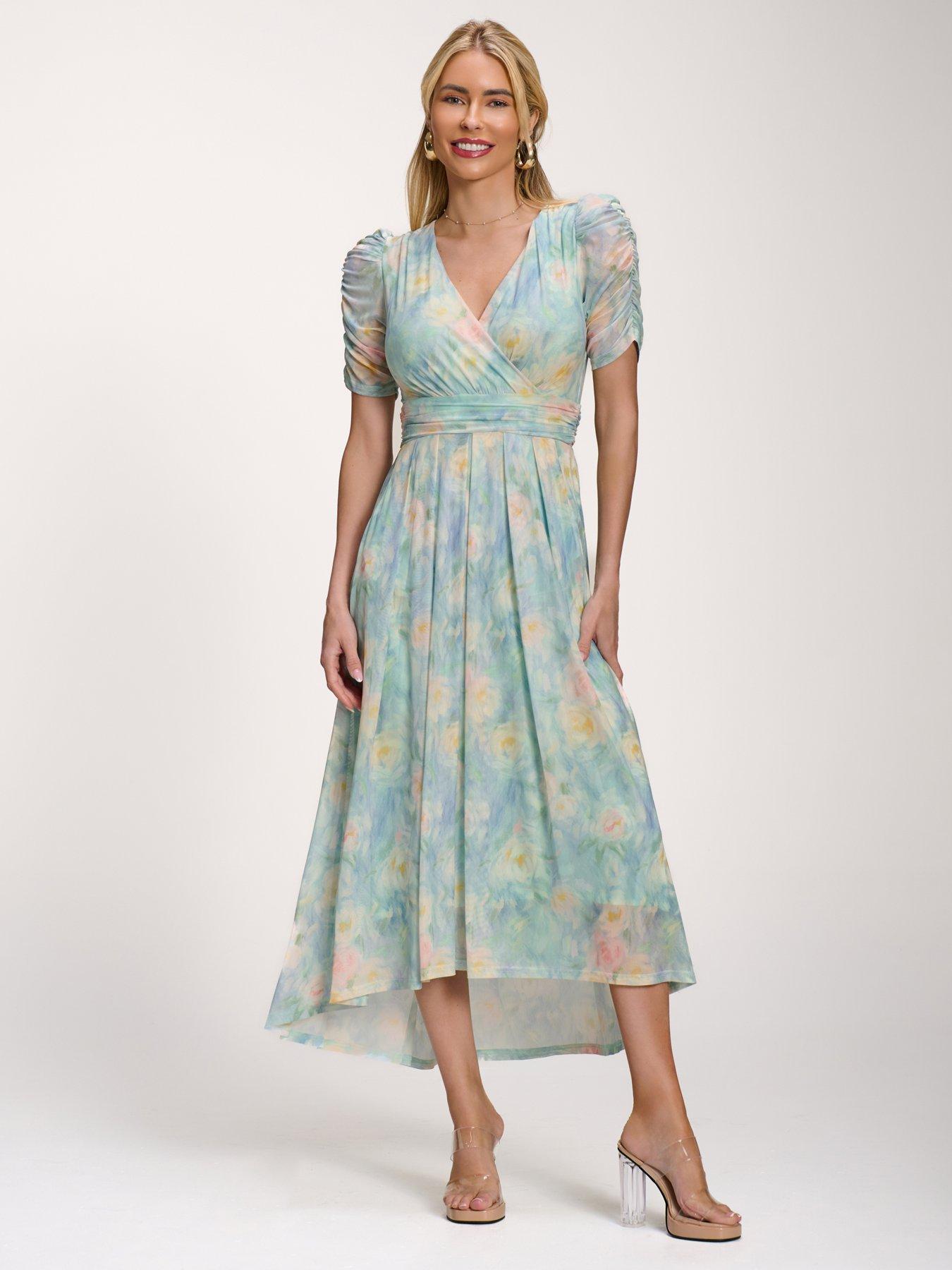 Jolie Moi Petite Mesh Print Dip Hem Maxi Dress - Green