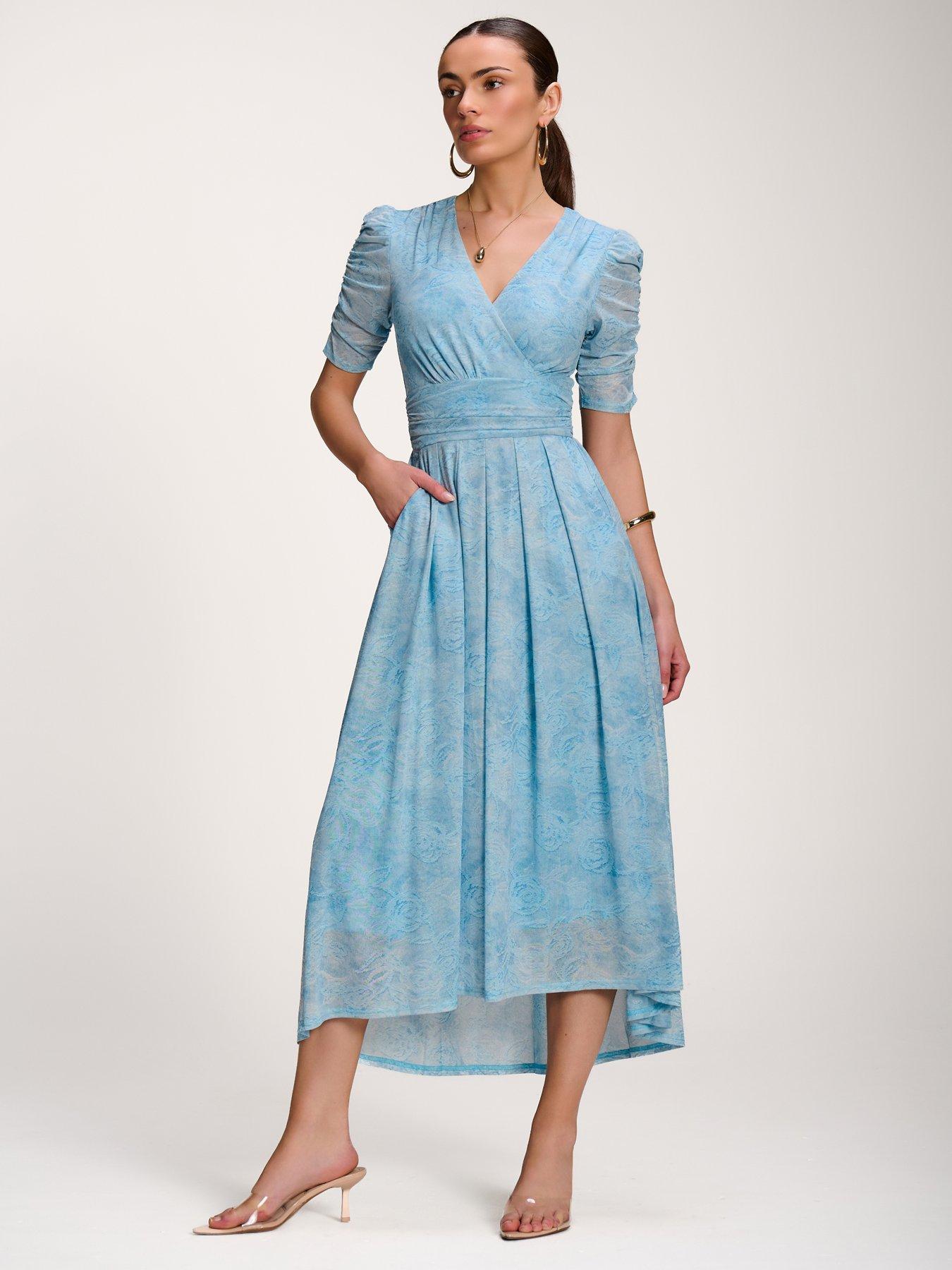 Jolie Moi Printed Mesh Dip Hem Maxi Dress - Blue