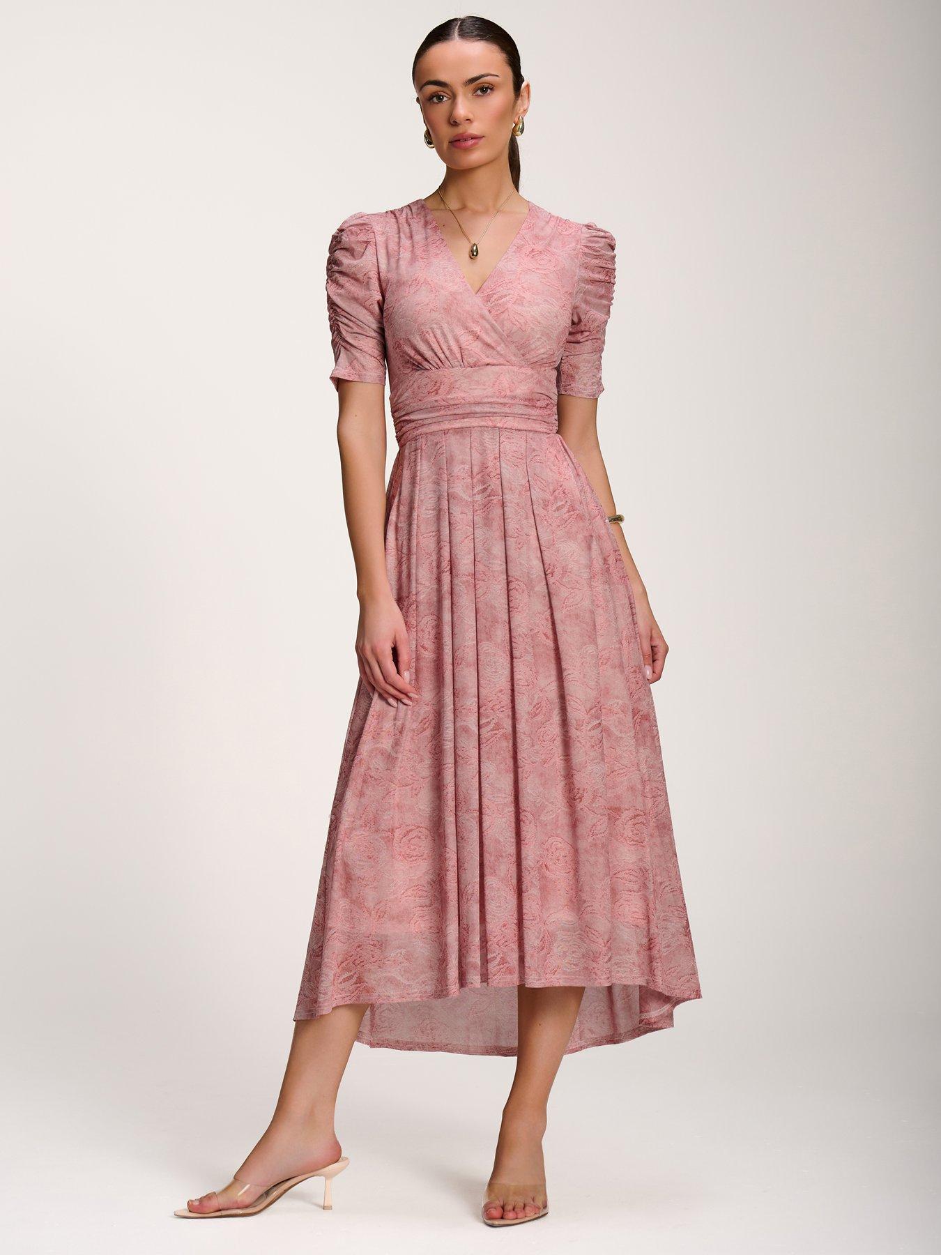 Jolie Moi Printed Mesh Dip Hem Maxi Dress - Pink
