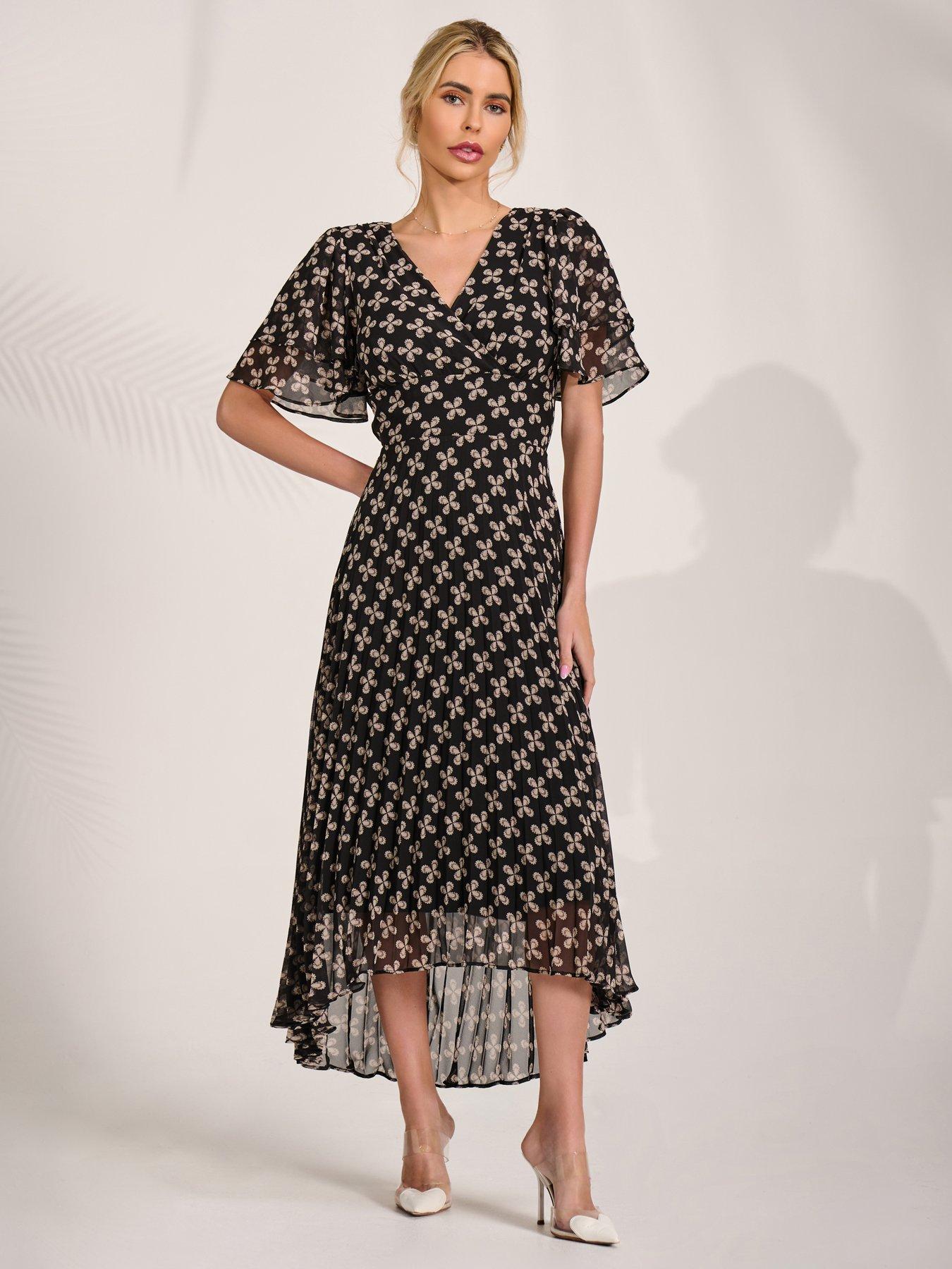 Jolie Moi Angel Sleeve Pleated Chiffon Midaxi Dress - Black
