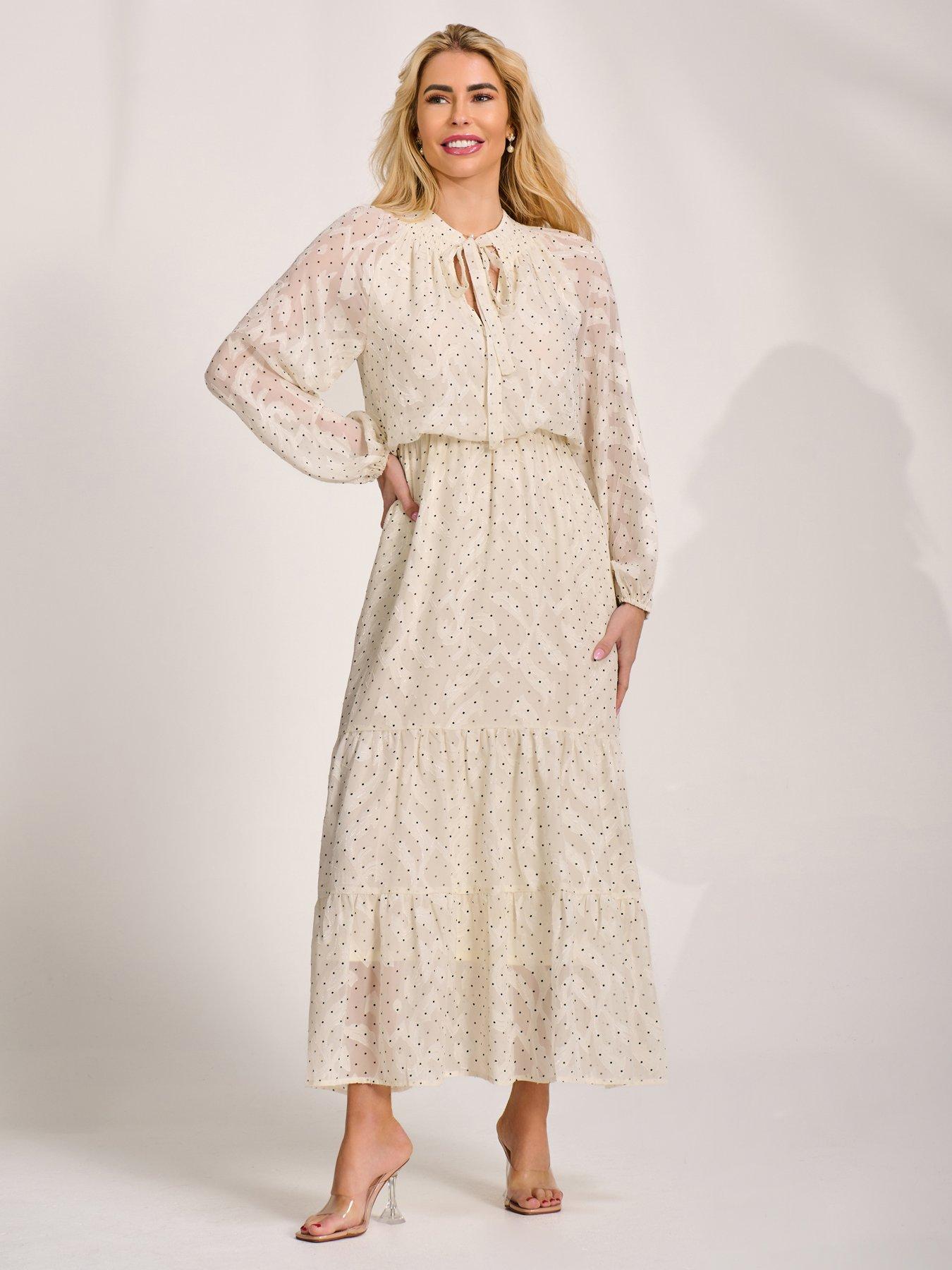 Jolie Moi Textured Chiffon Long Sleeve Maxi Dress - Cream