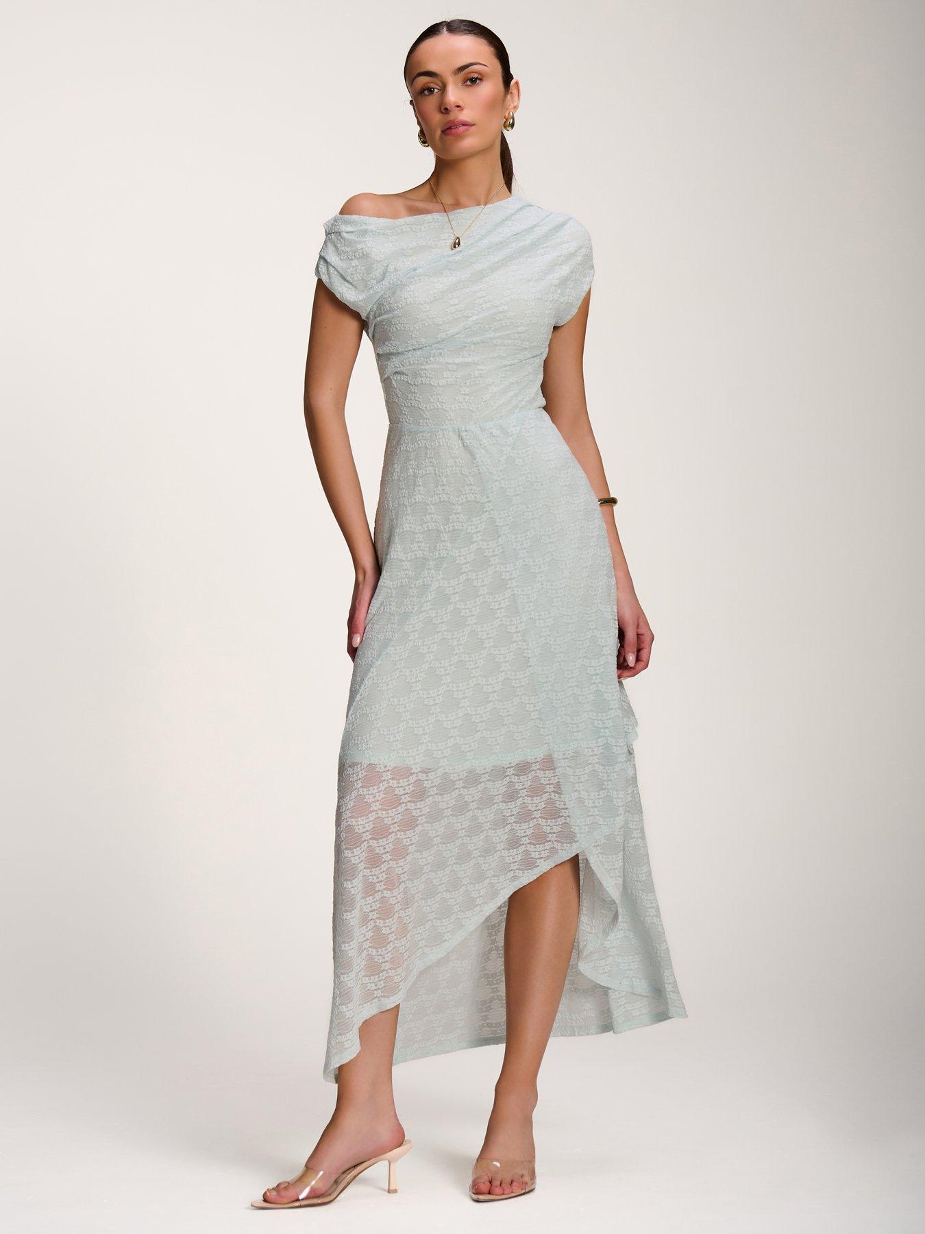 Jolie Moi Asymmetric Draped Lace Maxi Dress - Blue