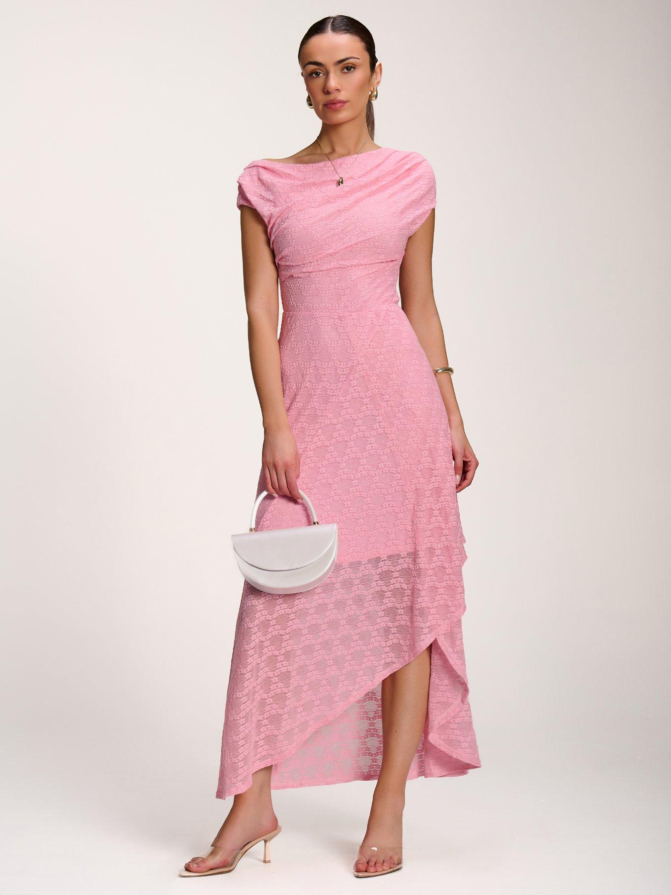 Image 1 of 7 of Jolie Moi Asymmetric Draped Lace Maxi Dress - Pink