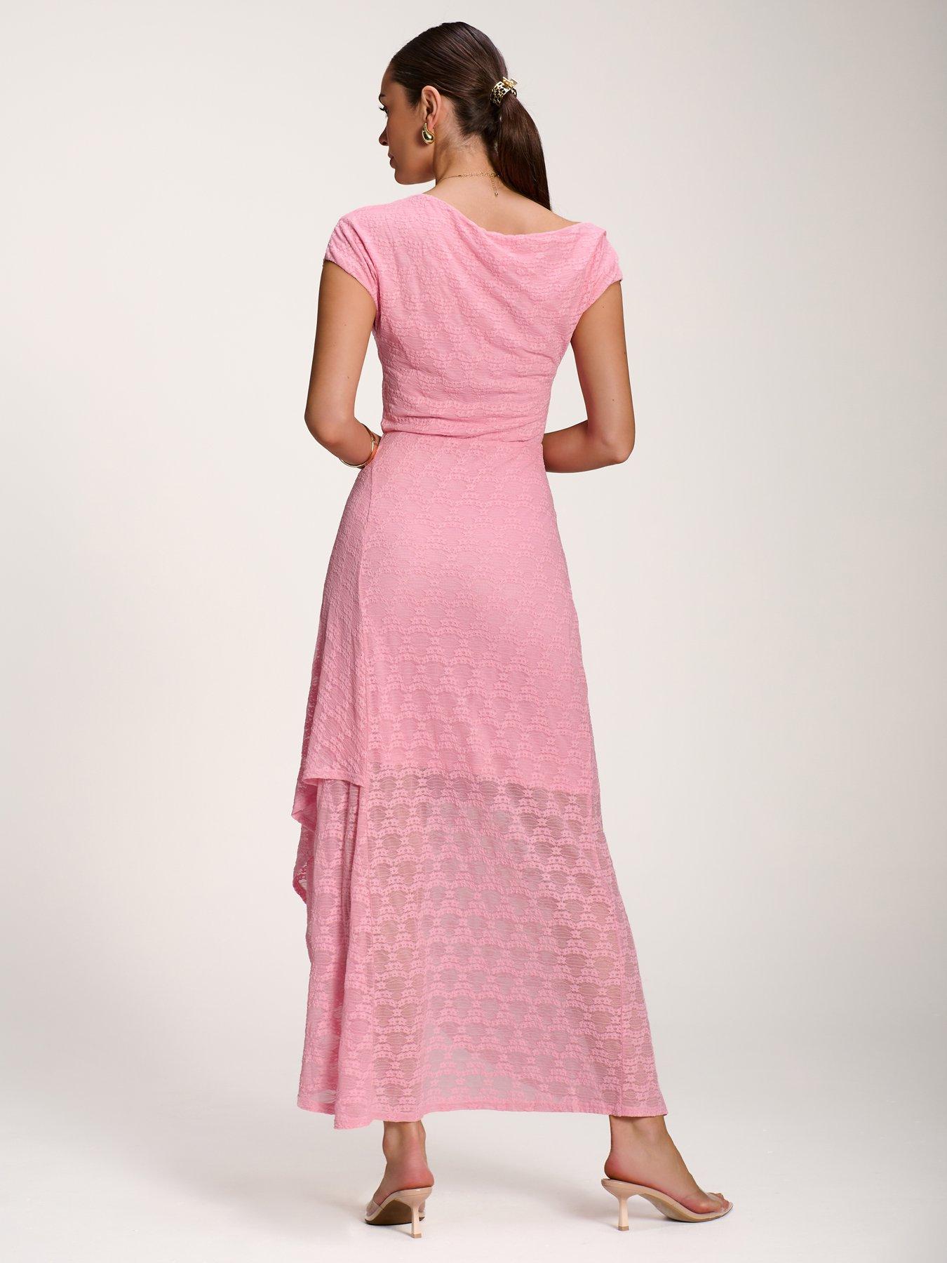 Image 2 of 7 of Jolie Moi Asymmetric Draped Lace Maxi Dress - Pink