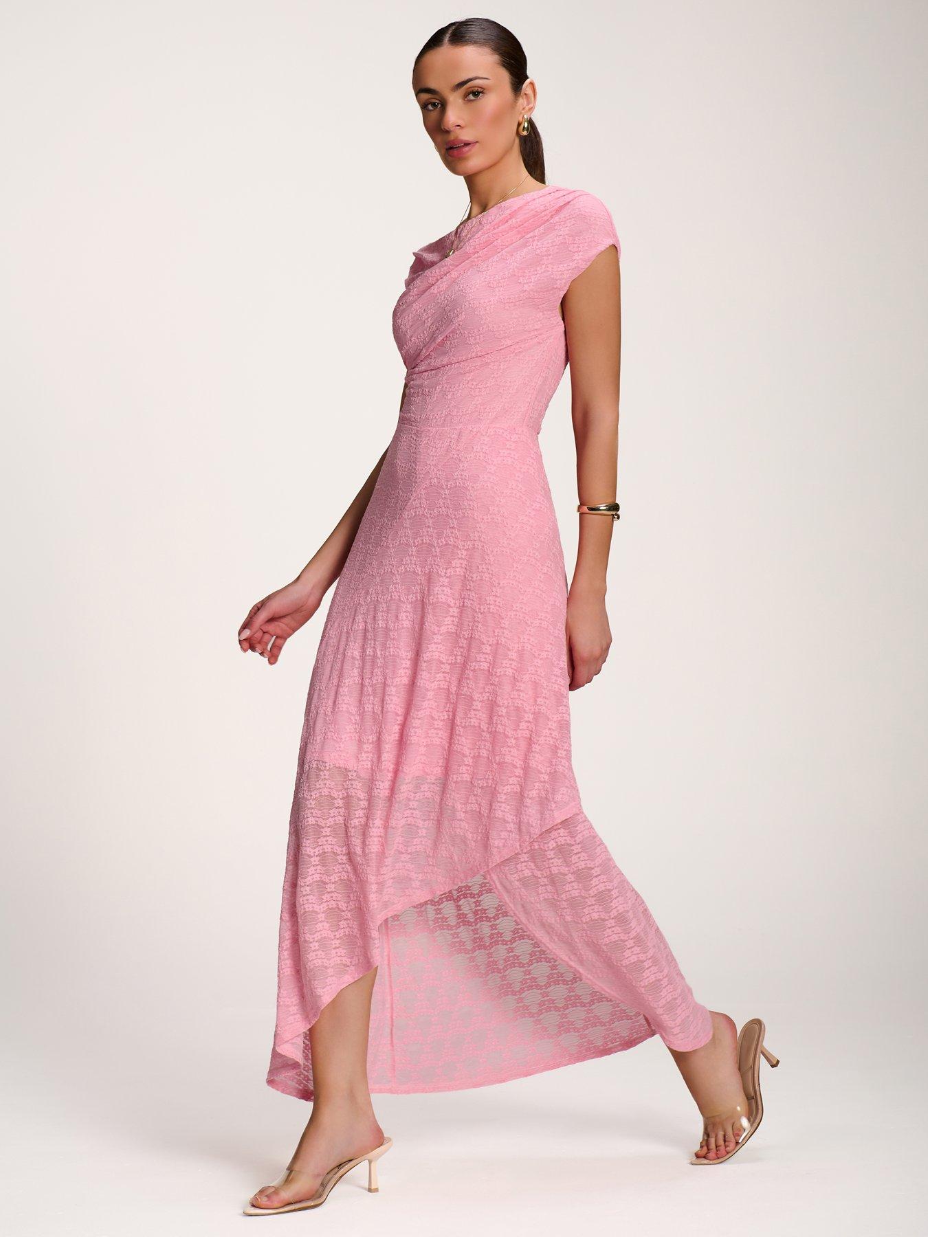 Image 5 of 7 of Jolie Moi Asymmetric Draped Lace Maxi Dress - Pink
