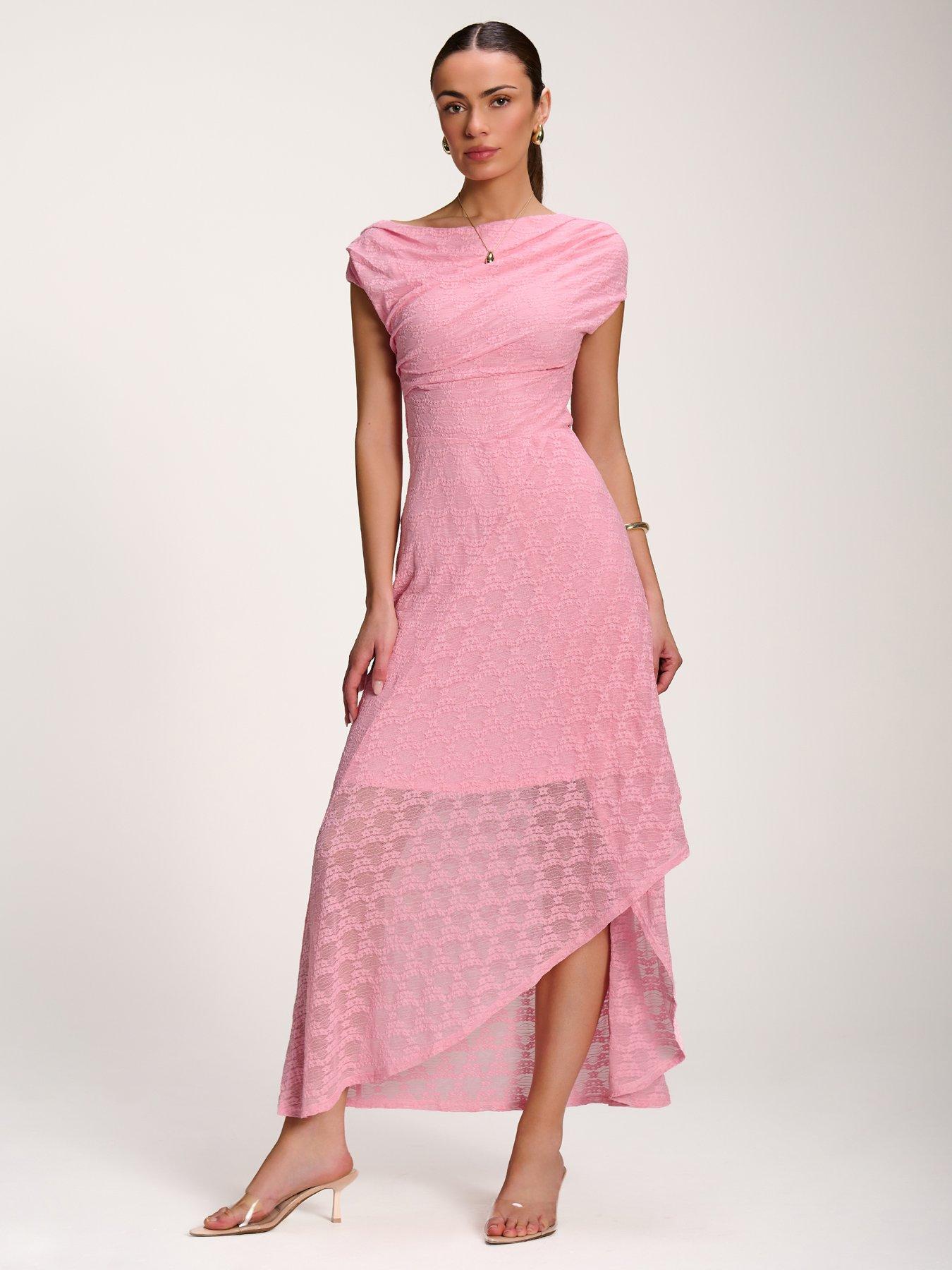 Image 6 of 7 of Jolie Moi Asymmetric Draped Lace Maxi Dress - Pink