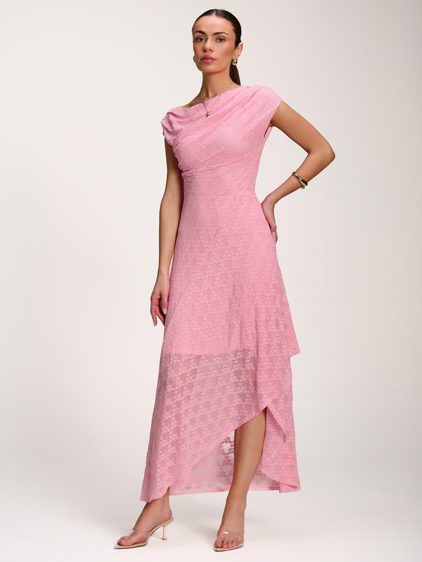 Image 7 of 7 of Jolie Moi Asymmetric Draped Lace Maxi Dress - Pink