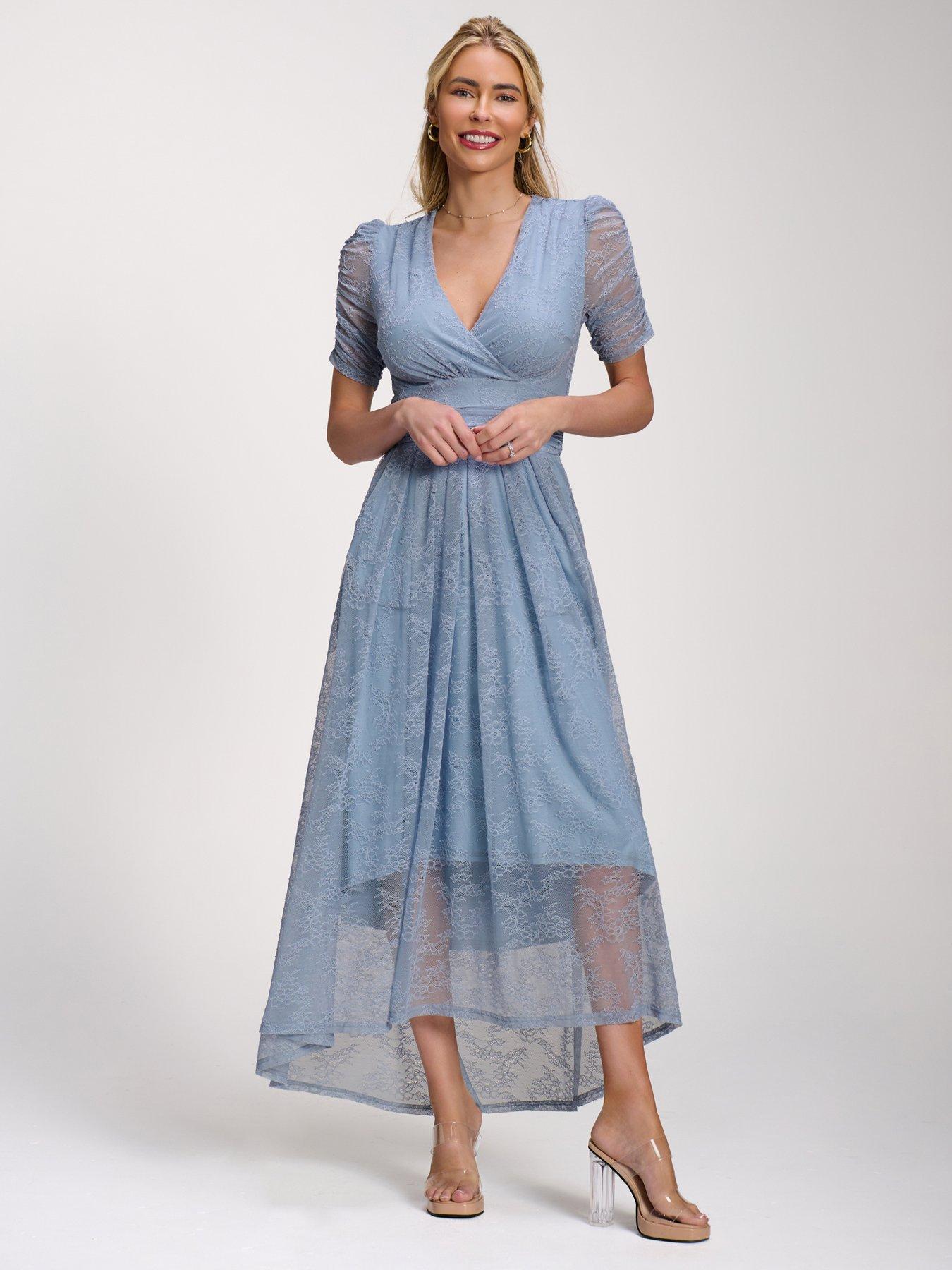 Jolie Moi Lace Ruched Sleeve Dip Hem Maxi Dress - Blue