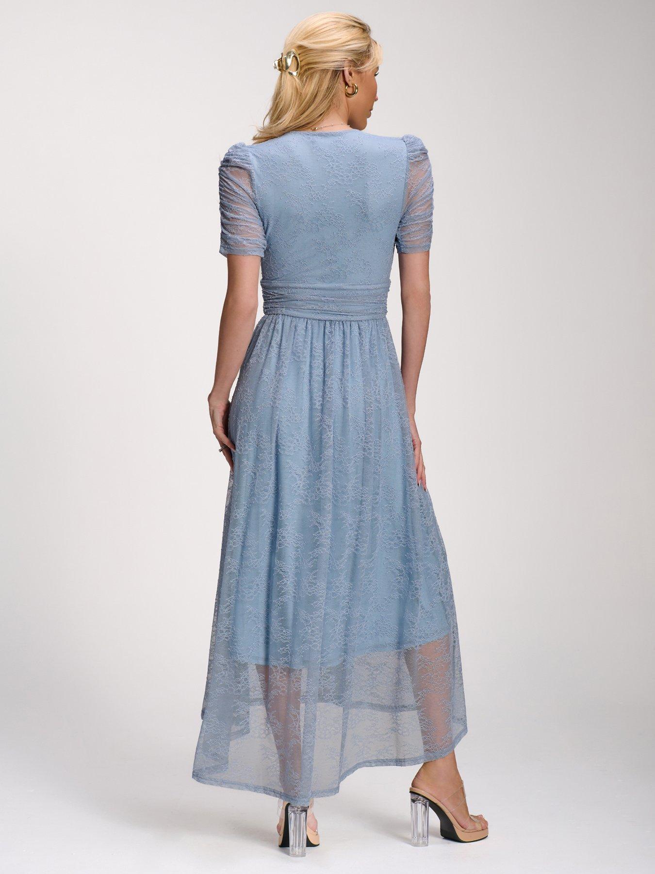 Image 2 of 7 of Jolie Moi Lace Ruched Sleeve Dip Hem Maxi Dress - Blue