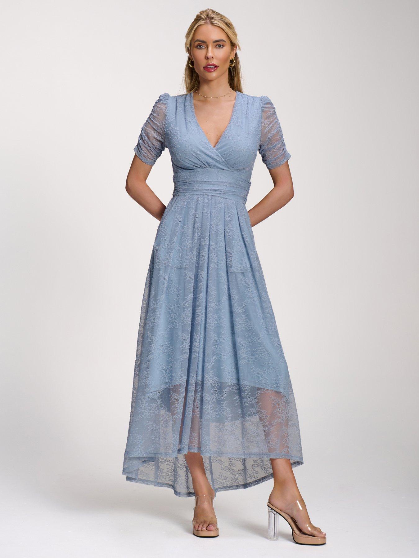 Image 3 of 7 of Jolie Moi Lace Ruched Sleeve Dip Hem Maxi Dress - Blue