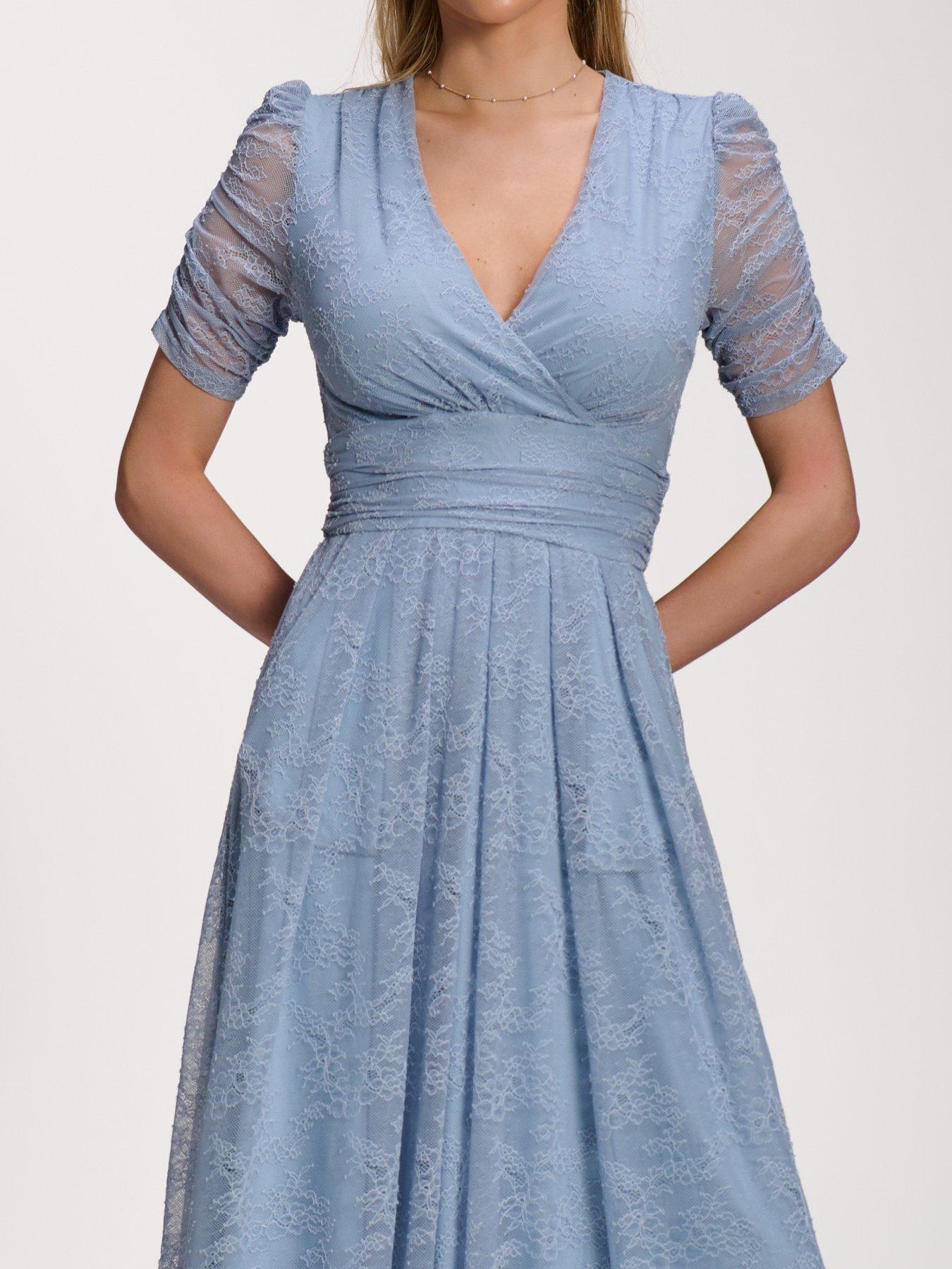Image 4 of 7 of Jolie Moi Lace Ruched Sleeve Dip Hem Maxi Dress - Blue