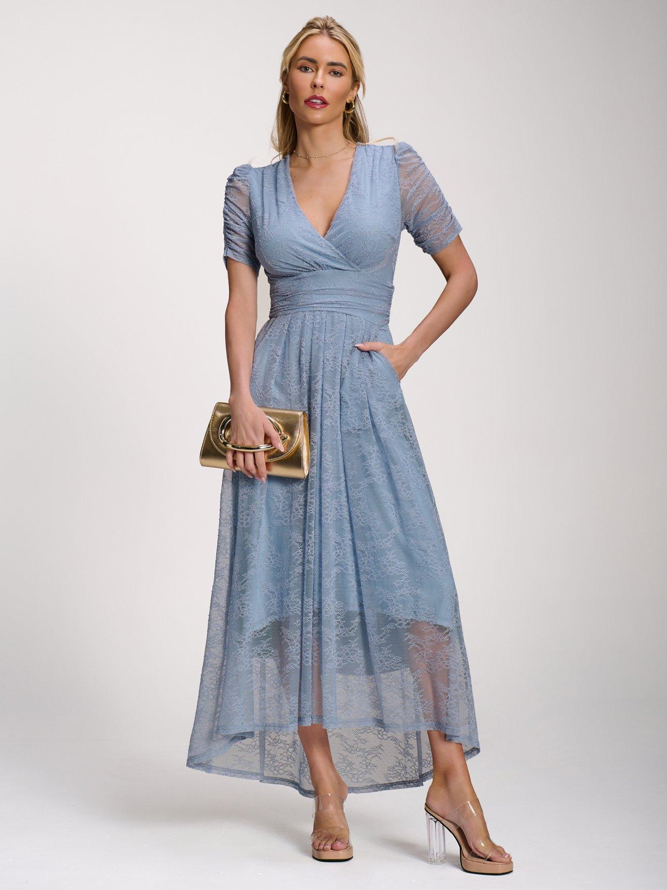 Image 5 of 7 of Jolie Moi Lace Ruched Sleeve Dip Hem Maxi Dress - Blue