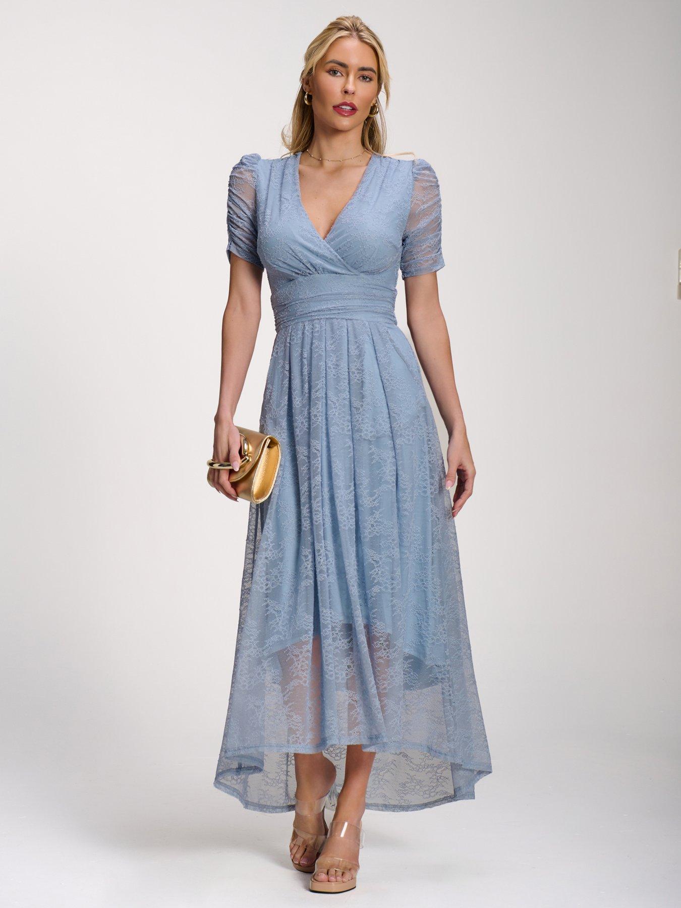Image 6 of 7 of Jolie Moi Lace Ruched Sleeve Dip Hem Maxi Dress - Blue