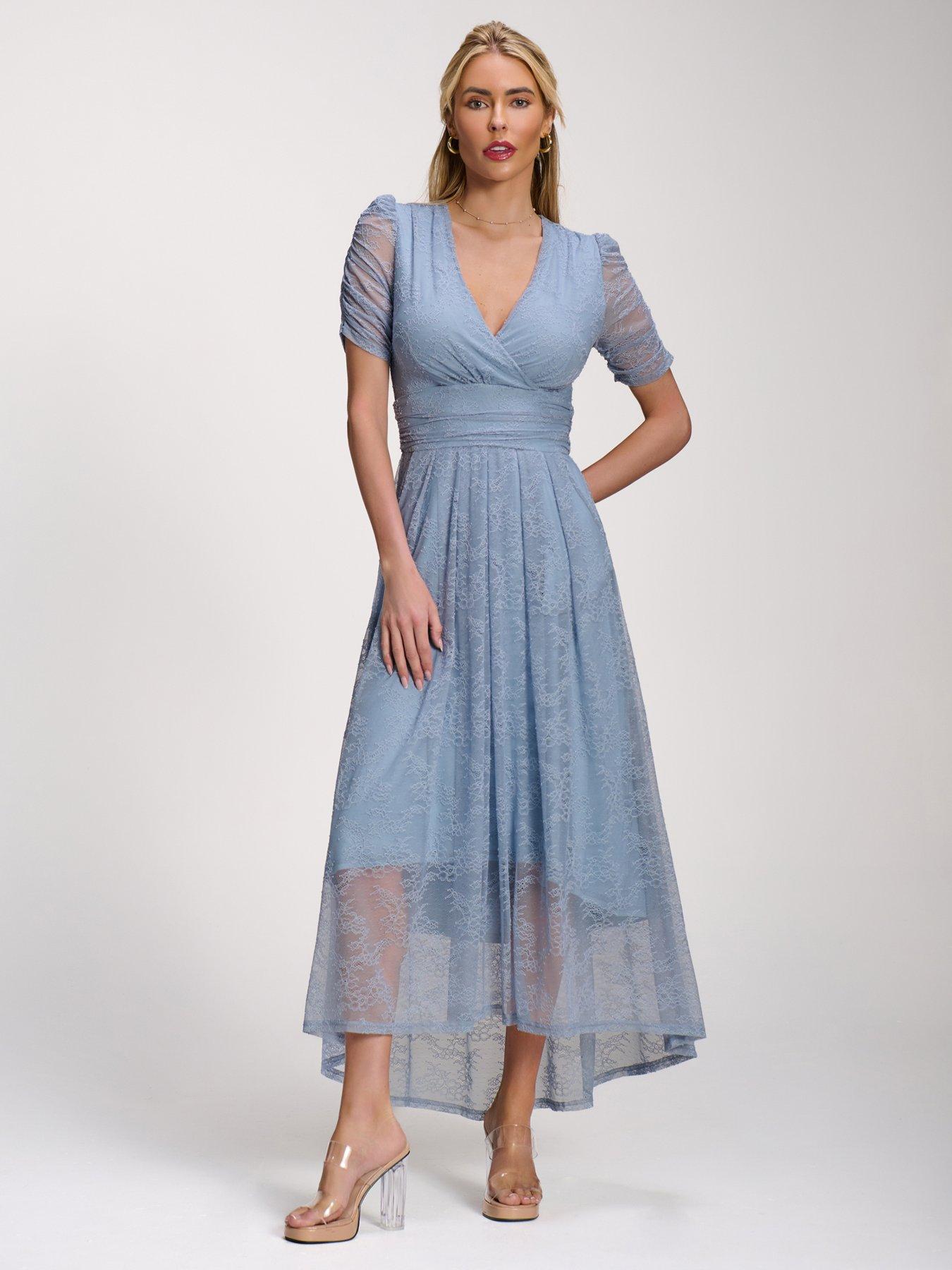 Image 7 of 7 of Jolie Moi Lace Ruched Sleeve Dip Hem Maxi Dress - Blue