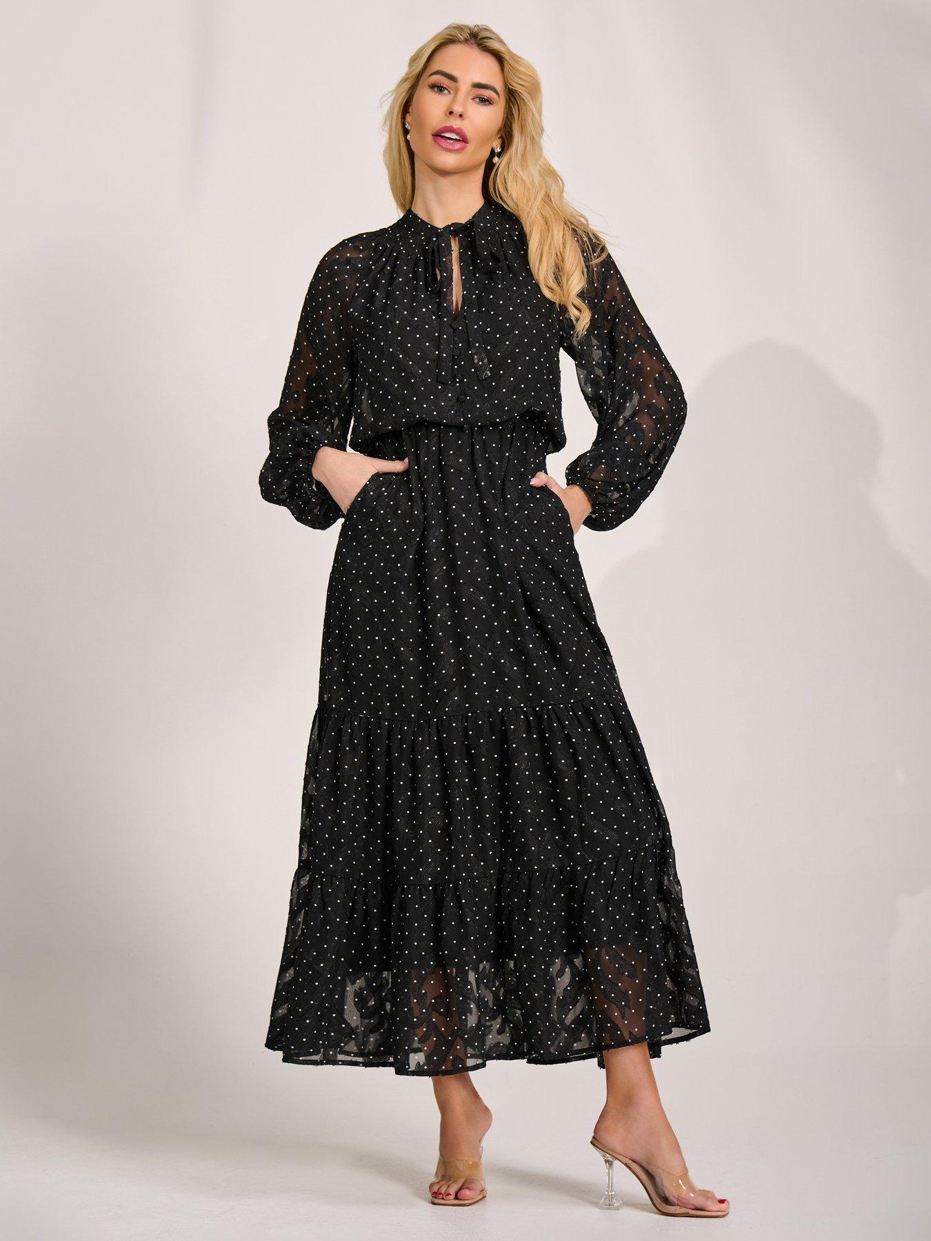 Image 1 of 7 of Jolie Moi Textured Chiffon Long Sleeve Maxi Dress - Black